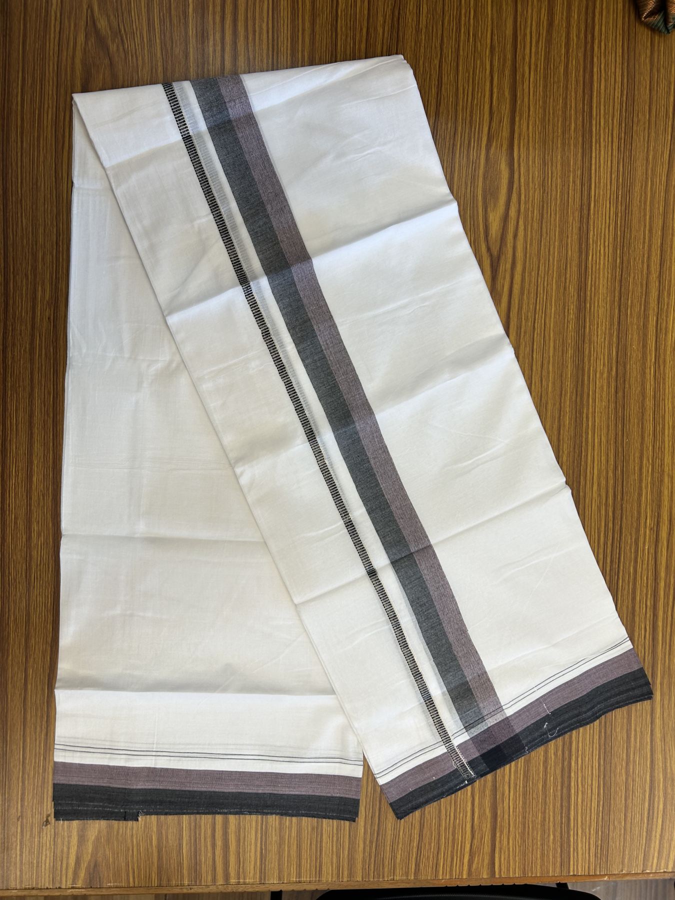 20% Discount! KaithariKada Balaramapuram 100% Cotton Double Pure white Mundu/Dhoti - 100X80 - 1.5 inch Silver Kasav Black & Ash Pink shaded kara - 4 mtr ( 8.5 muzham) - 83 KK5341 VIN