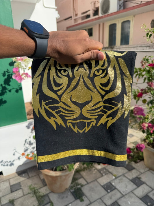 Kaduva Print Single Kaily / Lungi New! Kaitharikada - Polyster Mixed Cotton - (20s) - Gold Print with Black colour body (2 meter / 4 muzham) - 4 KK8068 GAN