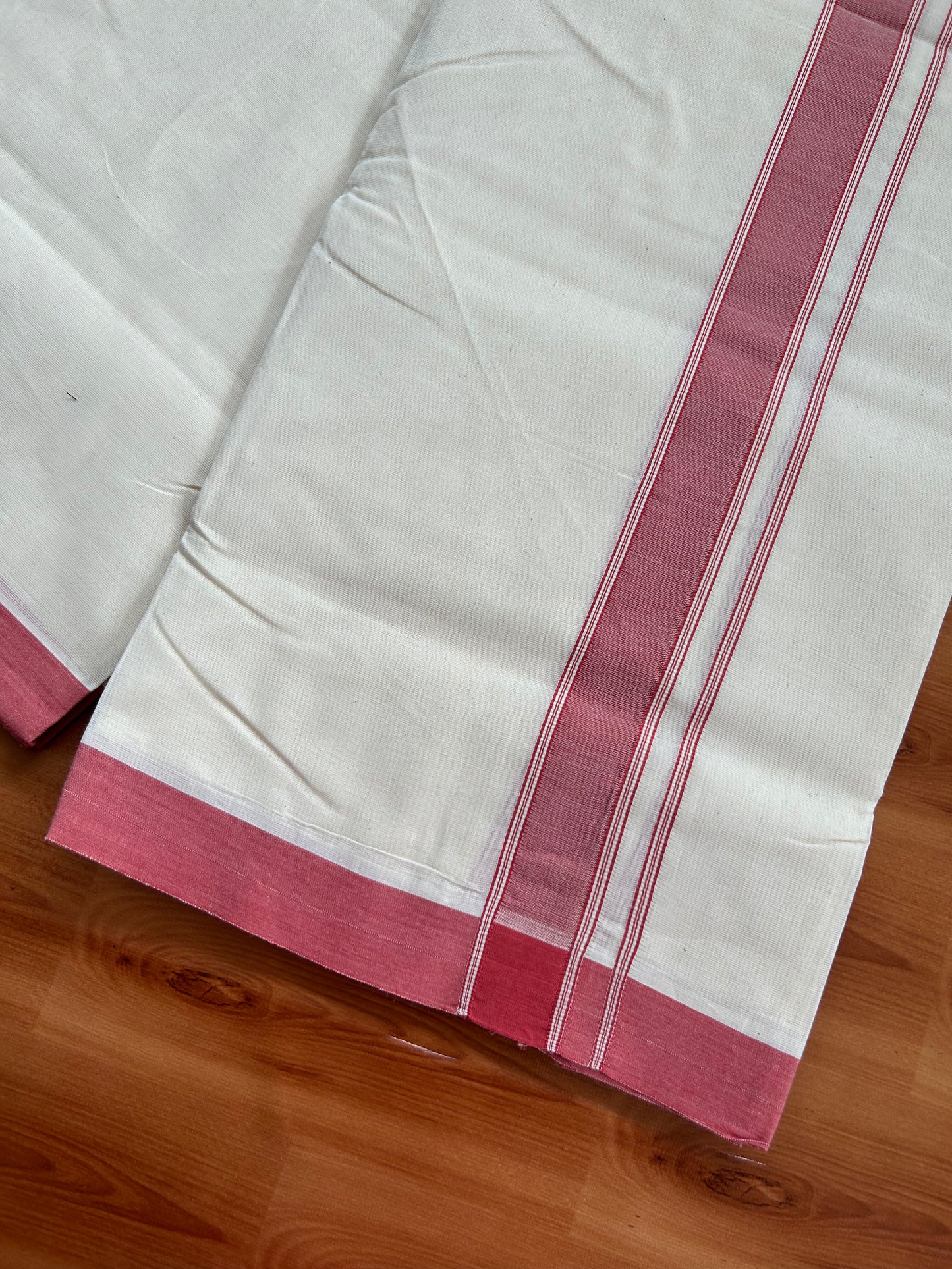20% Discount!! KaithariKada Balaramapuram 100% Cotton Double Off White - (Unbleached) Mundu/Dhoti-100x80 - 1.25 inch Pale Red Shaded Striped Kara- 3.75 mtr (8 Muzham) - 24 KK5381 ASH