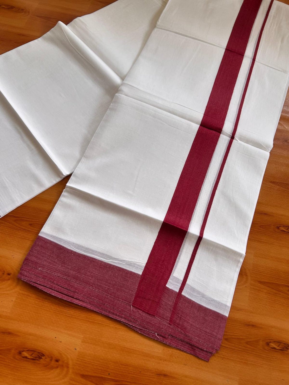 Pure White Double Mundu/Dhoti - 20% Discount ! Kaitharikada Pure Cotton - 100x80 - 1.5 inch Maroon Kara 3.80 mtr (8 muzham) - 8 KK5523 MC