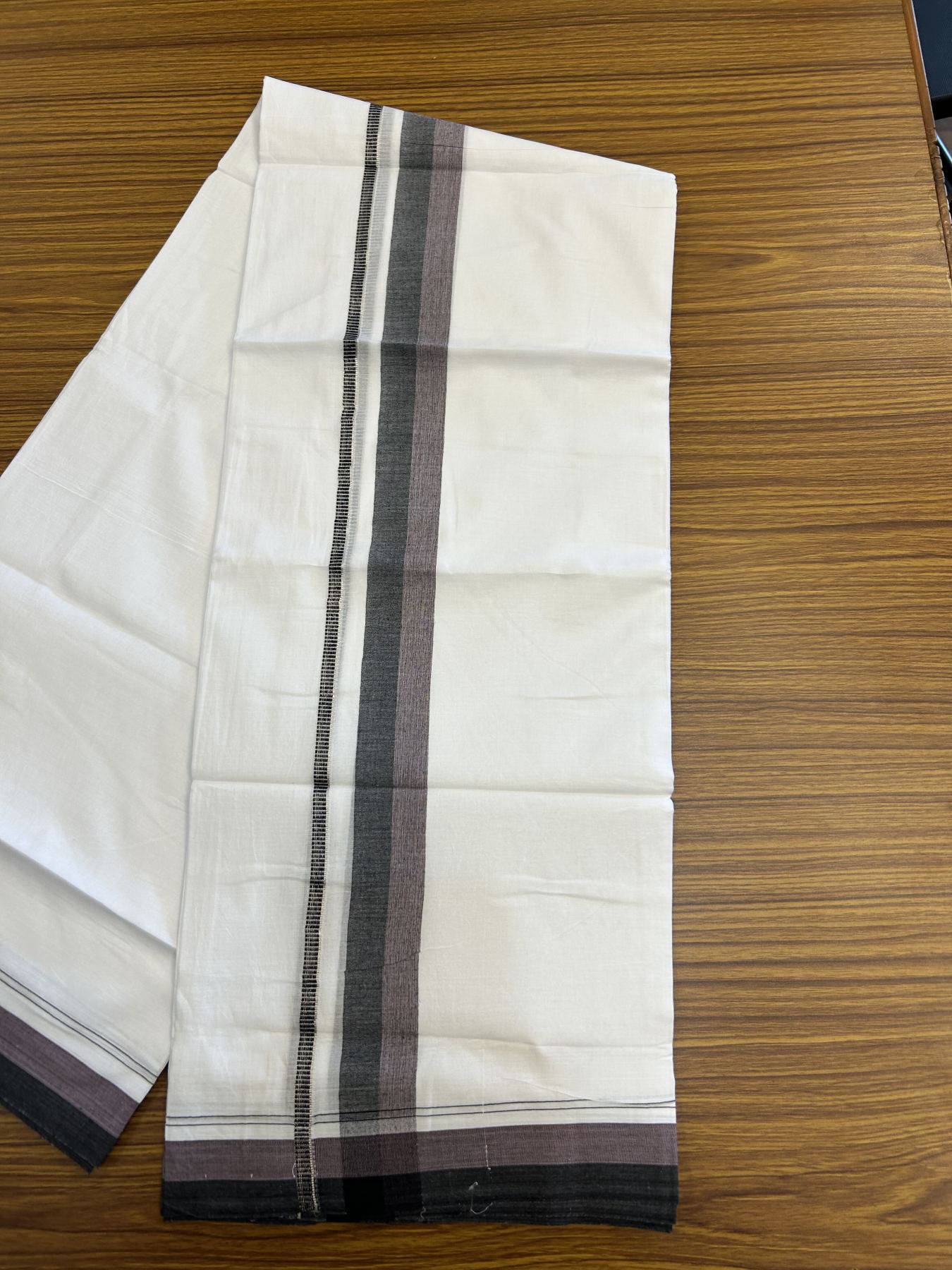20% Discount! KaithariKada Balaramapuram 100% Cotton Double Pure white Mundu/Dhoti - 100X80 - 1.5 inch Silver Kasav Black & Ash Pink shaded kara - 4 mtr ( 8.5 muzham) - 83 KK5341 VIN