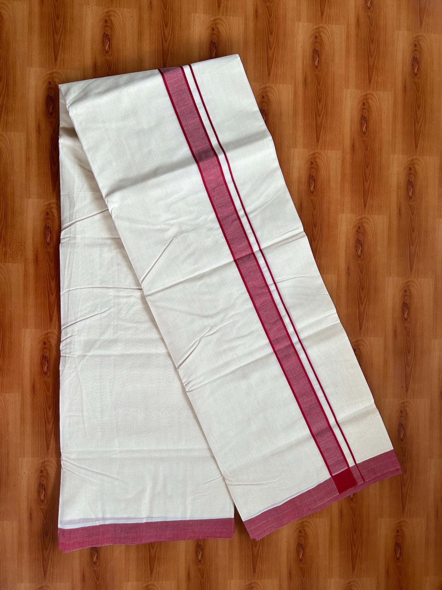 20% Discount!! KaithariKada Balaramapuram 100% Cotton Double Off White - (Unbleached) Mundu/Dhoti-100x80 - 1.25 inch Maroon Shaded  Kara- 3.75 mtr (8 Muzham) - 25 KK5381 ASH