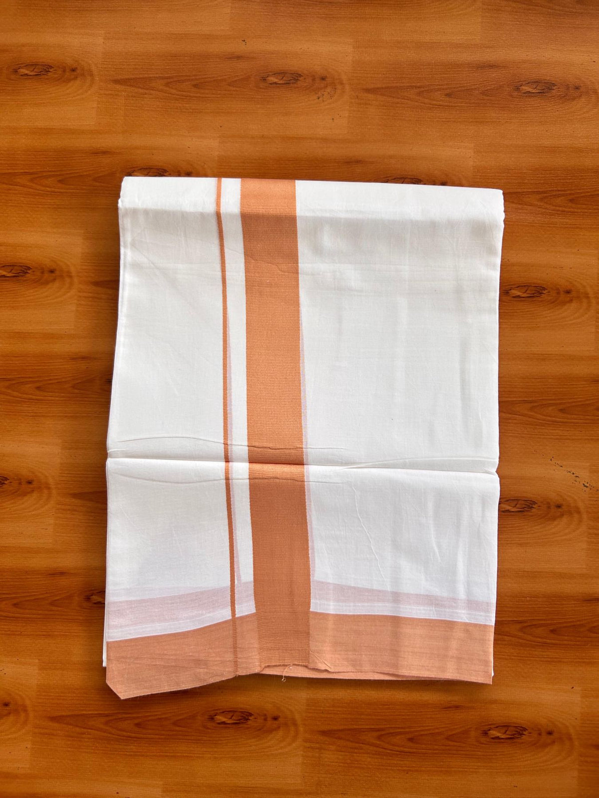 Pure White Double Mundu/Dhoti - 20% Discount ! Kaitharikada Pure Cotton - 100x80 - 1.5 inch Pestel Orange Kara 3.80 mtr (8 muzham) - 9  KK5523 MC