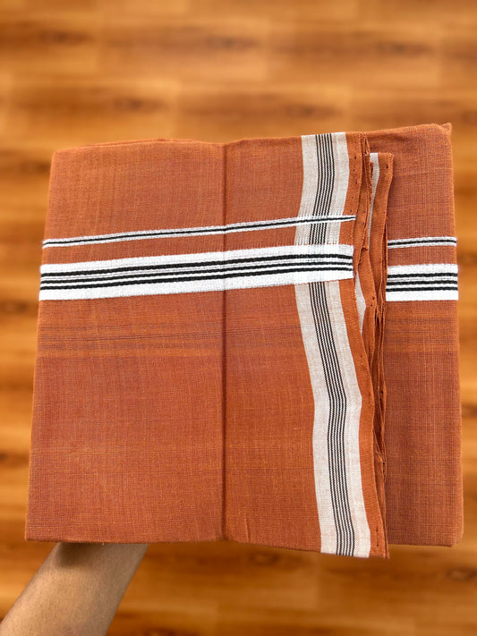 Kerala Handloom Single Kaily/Lungi - KaithariKada 100% Pure Cotton - 40s -0.75 Inch White & Black Stripes Kara With Kavi colour Body - (2 meter / 4 muzham) -3 KK8057 ELA