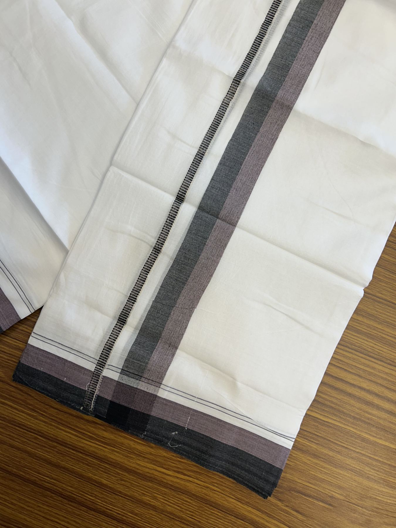 20% Discount! KaithariKada Balaramapuram 100% Cotton Double Pure white Mundu/Dhoti - 100X80 - 1.5 inch Silver Kasav Black & Ash Pink shaded kara - 4 mtr ( 8.5 muzham) - 83 KK5341 VIN