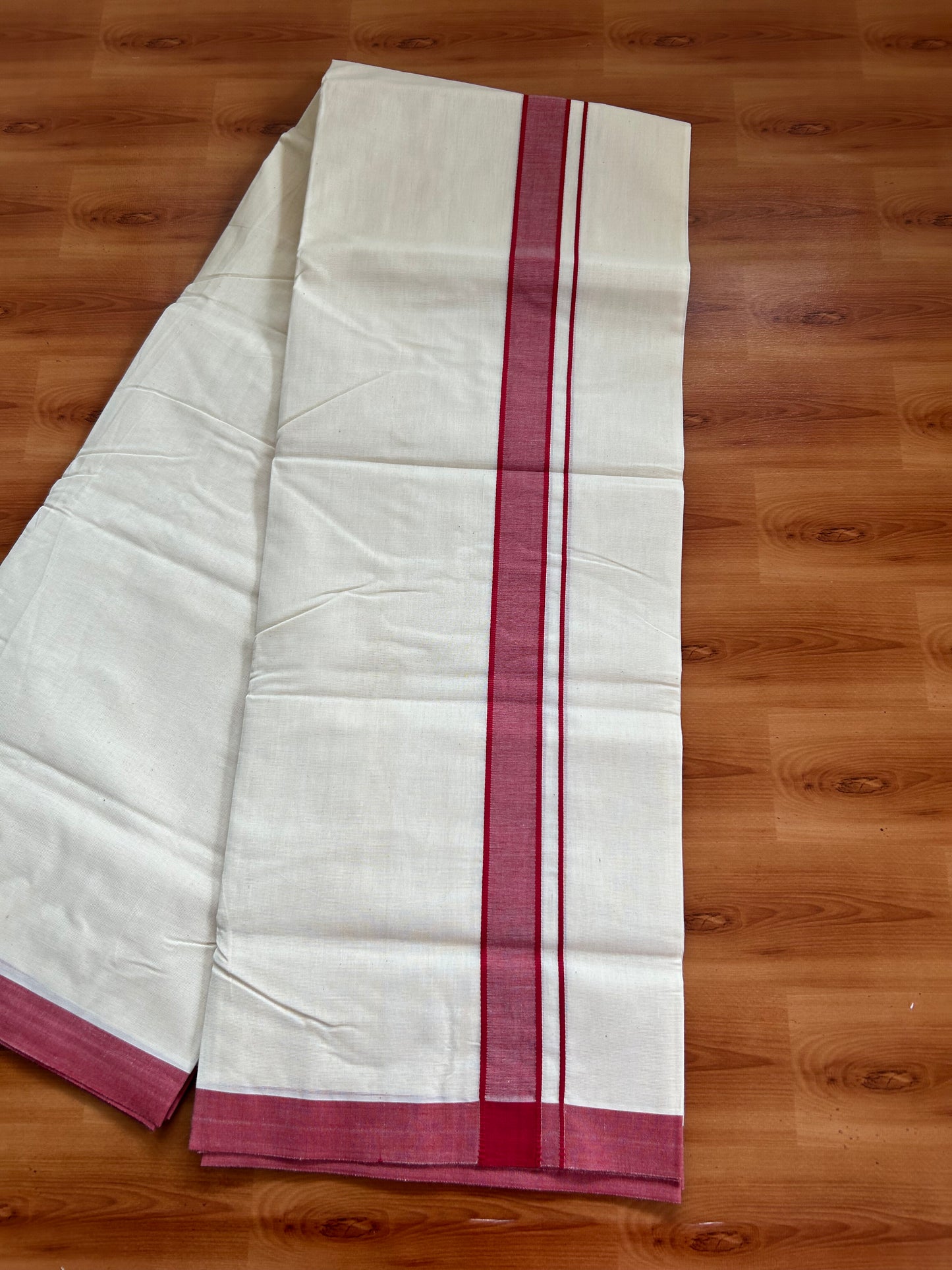 20% Discount!! KaithariKada Balaramapuram 100% Cotton Double Off White - (Unbleached) Mundu/Dhoti-100x80 - 1.25 inch Maroon Shaded  Kara- 3.75 mtr (8 Muzham) - 25 KK5381 ASH