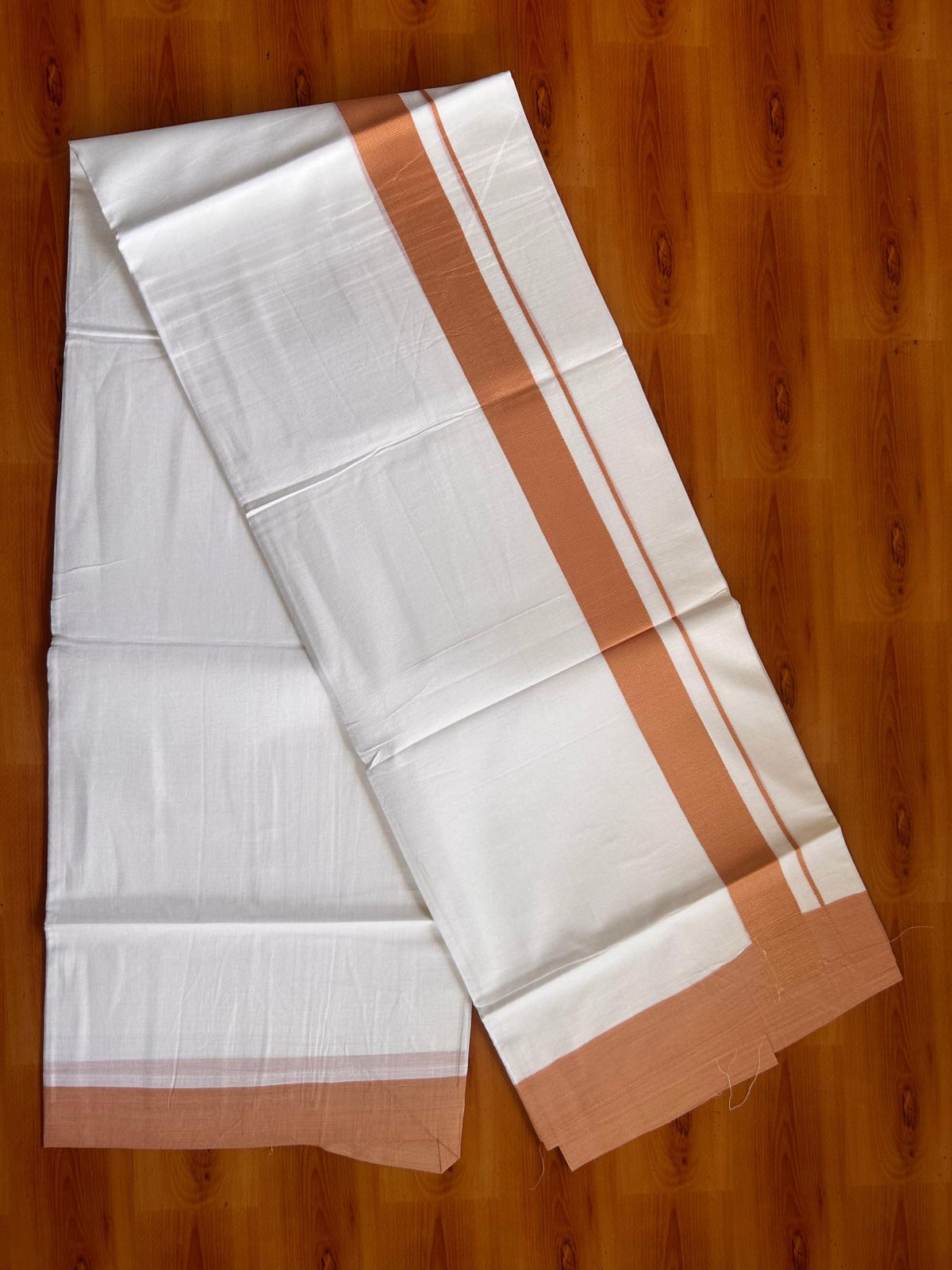 Pure White Double Mundu/Dhoti - 20% Discount ! Kaitharikada Pure Cotton - 100x80 - 1.5 inch Pestel Orange Kara 3.80 mtr (8 muzham) - 9  KK5523 MC