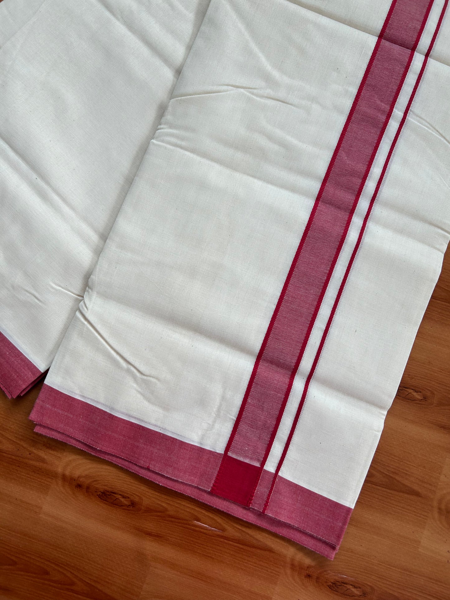 20% Discount!! KaithariKada Balaramapuram 100% Cotton Double Off White - (Unbleached) Mundu/Dhoti-100x80 - 1.25 inch Maroon Shaded  Kara- 3.75 mtr (8 Muzham) - 25 KK5381 ASH
