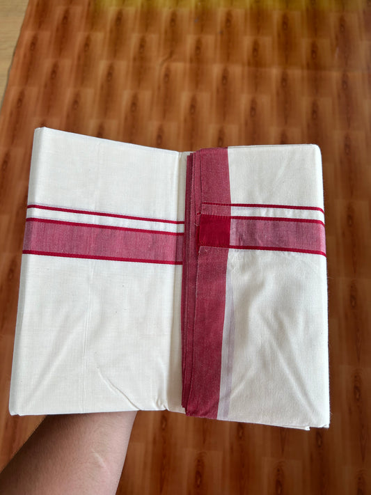 20% Discount!! KaithariKada Balaramapuram 100% Cotton Double Off White - (Unbleached) Mundu/Dhoti-100x80 - 1.25 inch Maroon Shaded  Kara- 3.75 mtr (8 Muzham) - 25 KK5381 ASH