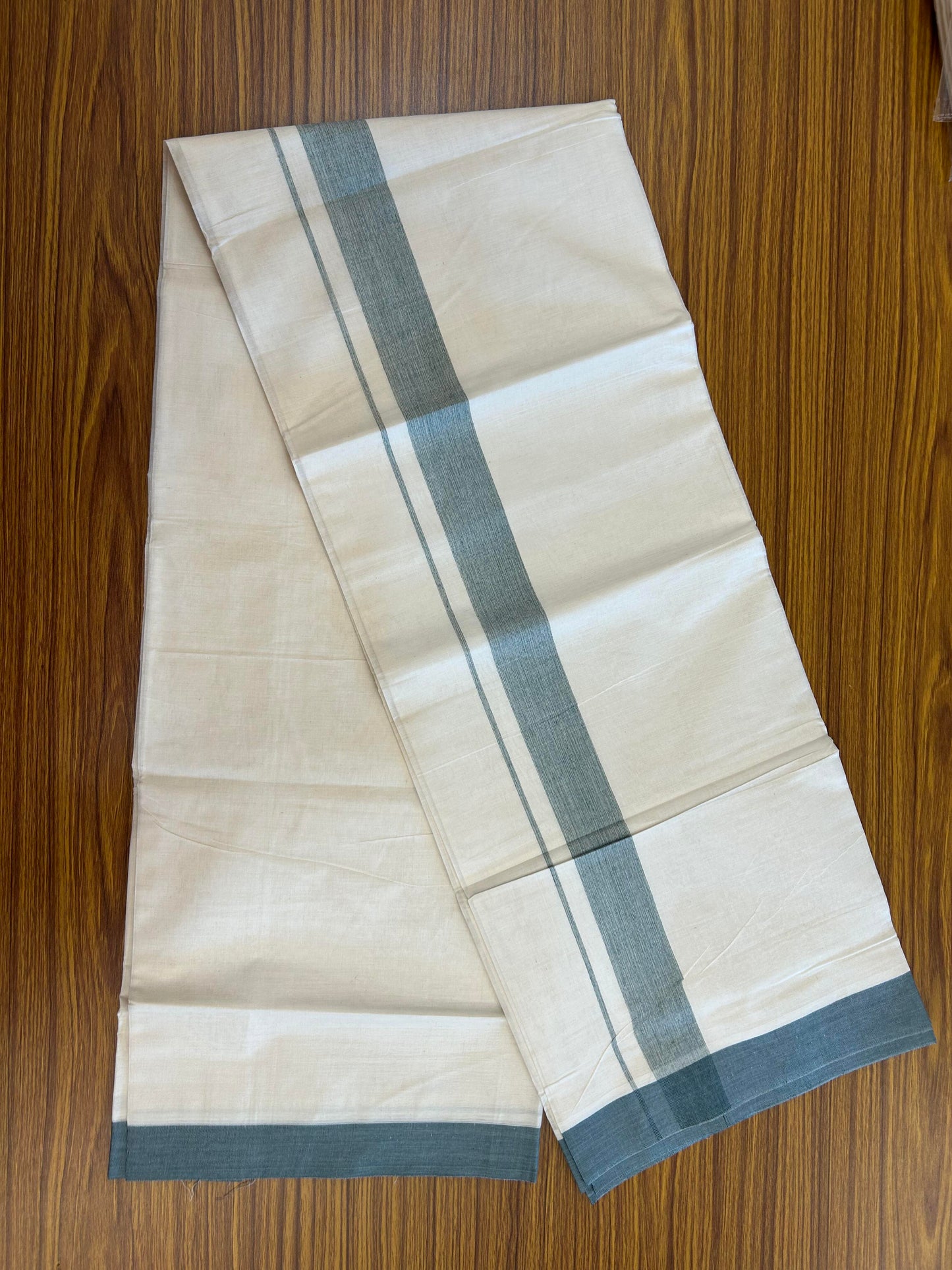 20% Discount ! KaithariKada Balaramapuram 100% Cotton Double Off White (Unbleached) - Mundu / Dhoti- 100x80 -  1.5 inch Green Shaded Kara 4 mtr (8.5 Muzham) - 2 KK5363 VIN