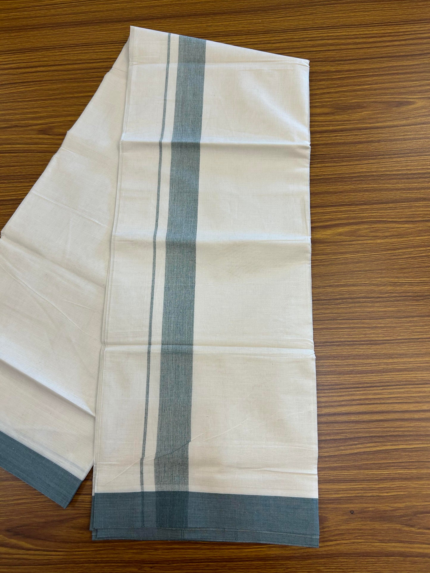 20% Discount ! KaithariKada Balaramapuram 100% Cotton Double Off White (Unbleached) - Mundu / Dhoti- 100x80 -  1.5 inch Green Shaded Kara 4 mtr (8.5 Muzham) - 2 KK5363 VIN
