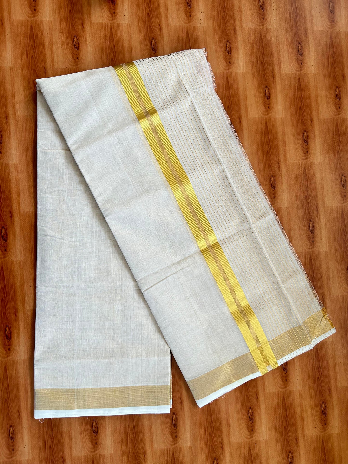 Double Off White - (Unbleached) Mundu/Dhoti -25% Discount! KaithariKada Handloom Millpaav Kerala Handloom - Pure Cotton - (80X78) - 6.5 inch Gold Kasav Striped Kara With Tissue Body 3.75 mtr (8 Muzham) - 1 KK5402 CED