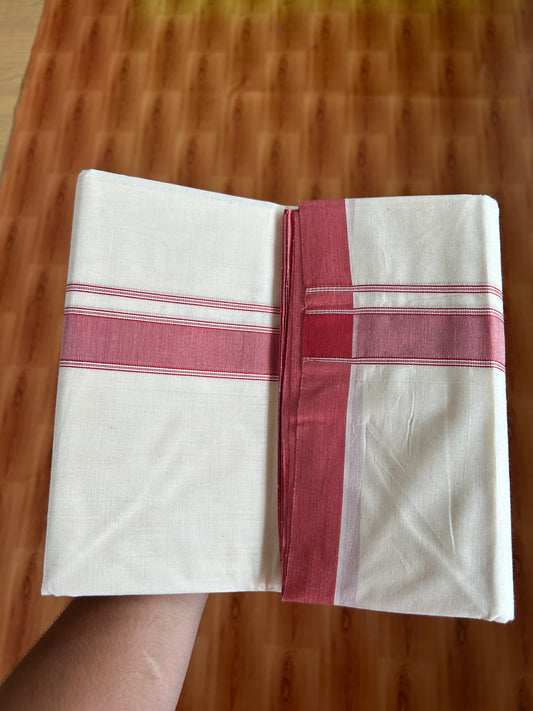20% Discount!! KaithariKada Balaramapuram 100% Cotton Double Off White - (Unbleached) Mundu/Dhoti-100x80 - 1.25 inch Pale Red Shaded Striped Kara- 3.75 mtr (8 Muzham) - 24 KK5381 ASH