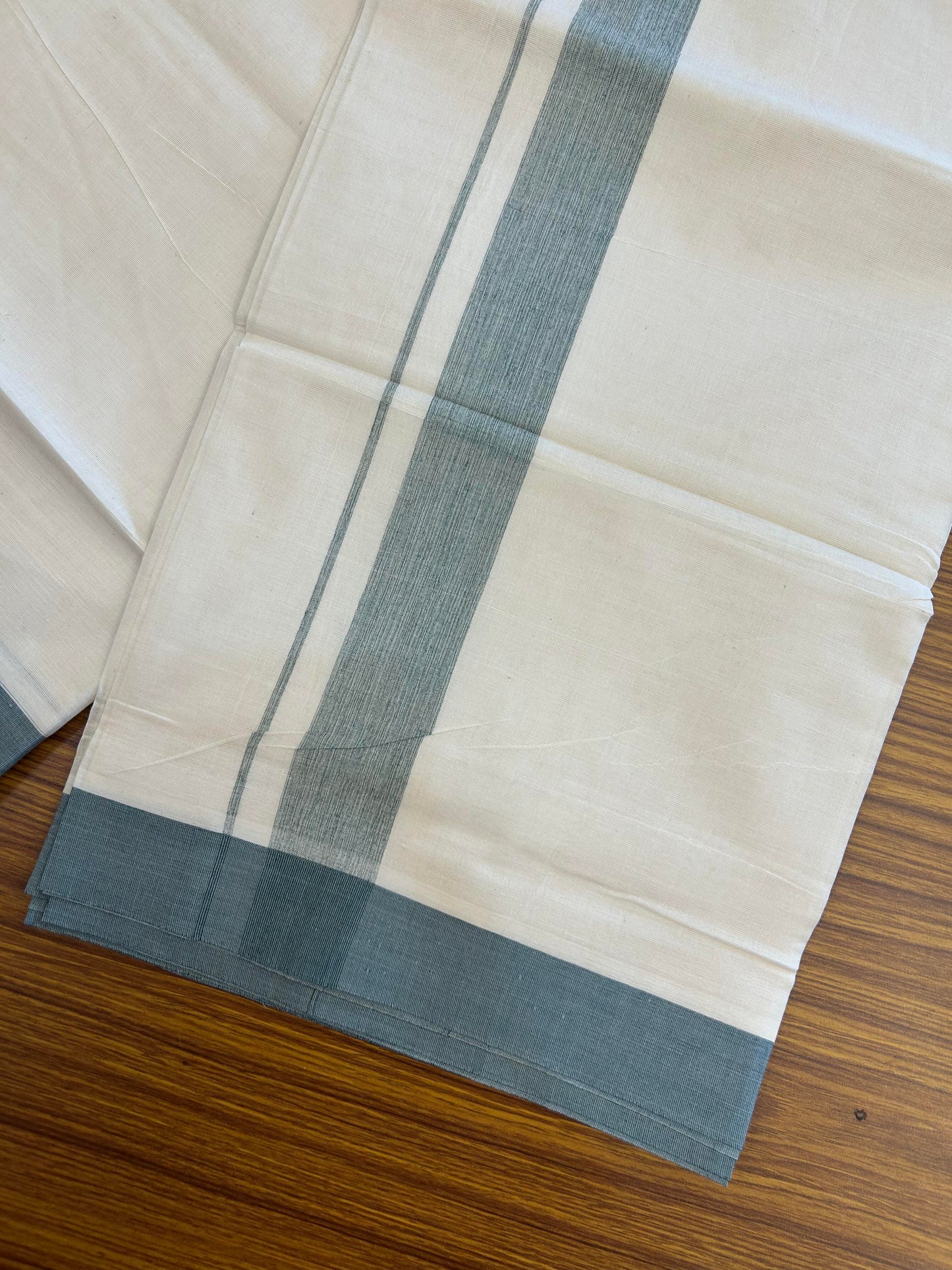 20% Discount ! KaithariKada Balaramapuram 100% Cotton Double Off White (Unbleached) - Mundu / Dhoti- 100x80 -  1.5 inch Green Shaded Kara 4 mtr (8.5 Muzham) - 2 KK5363 VIN