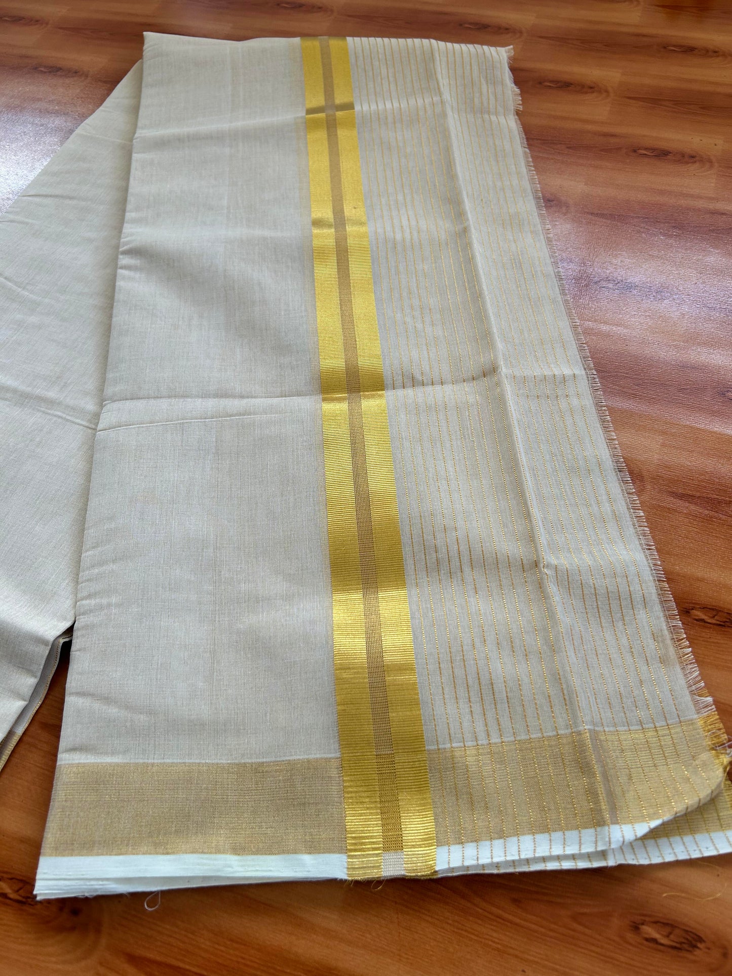 Double Off White - (Unbleached) Mundu/Dhoti -25% Discount! KaithariKada Handloom Millpaav Kerala Handloom - Pure Cotton - (80X78) - 6.5 inch Gold Kasav Striped Kara With Tissue Body 3.75 mtr (8 Muzham) - 1 KK5402 CED
