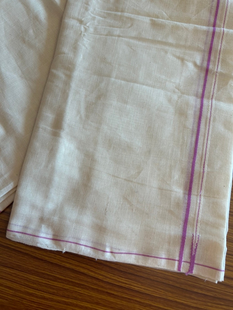 KaithariKada HANDLOOM UNAKKUPAAV Balaramapuram - 100% PURE Cotton Off White  (Unbleached) Neriyath - 0.5 cm  Purple  Kara - 1KK5100ELA
