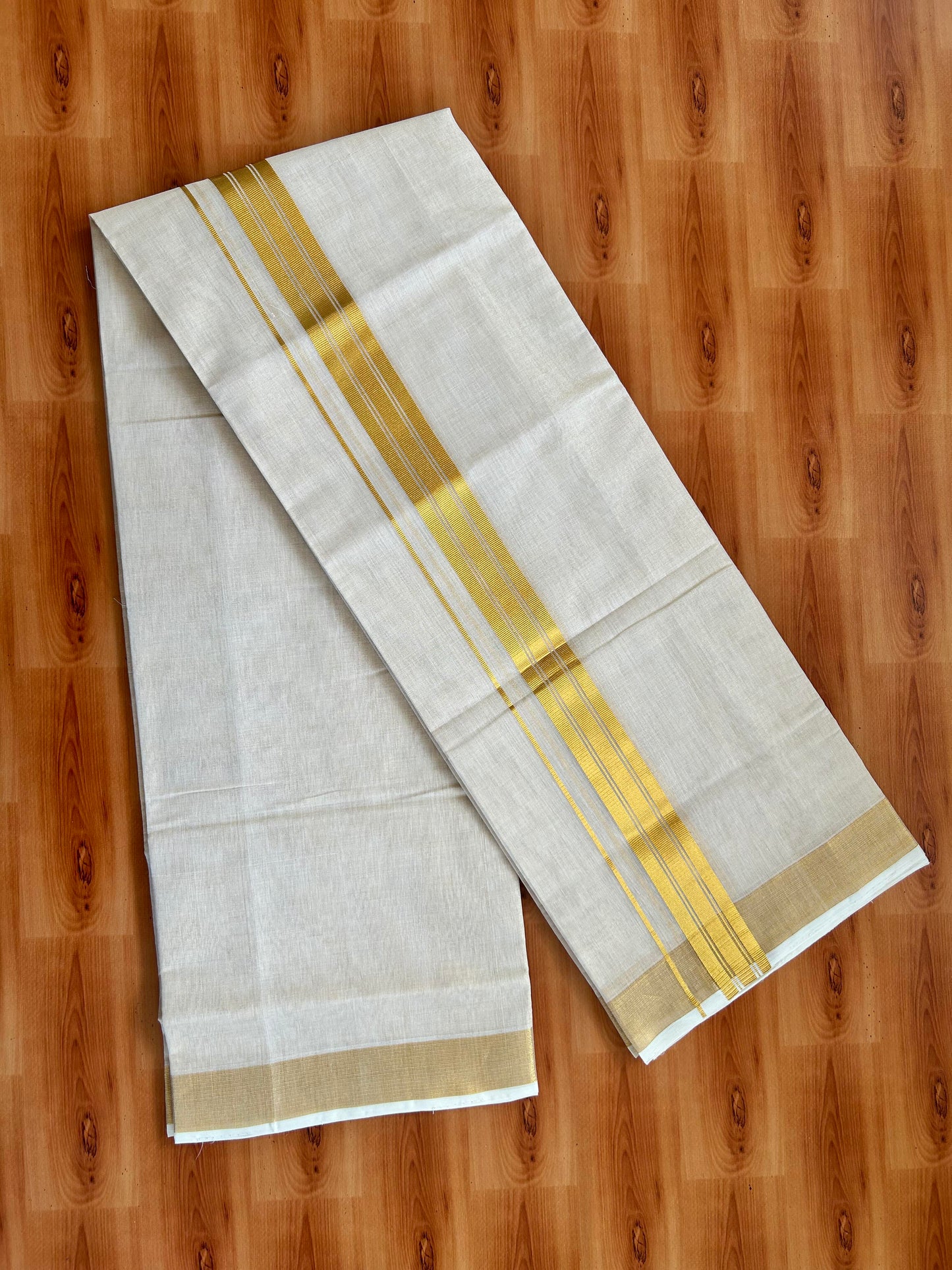 Double Off White - (Unbleached) Mundu/Dhoti -25% Discount! KaithariKada Handloom Millpaav Kerala Handloom - Pure Cotton - (80X78) - 1.5 inch Gold Kasav Striped Kara With Tissue Body 3.75 mtr (8 Muzham) - 11 KK5402 CED