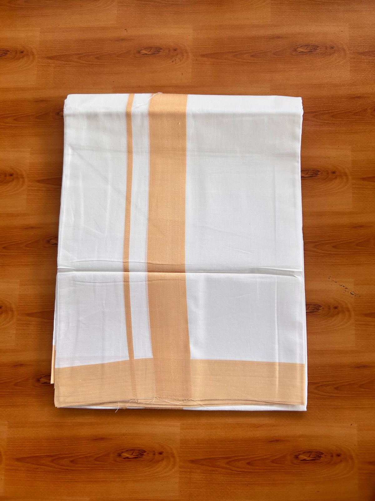 Pure White Double Mundu/Dhoti - 20% Discount ! Kaitharikada Pure Cotton - 100x80 - 1.5 inch Yellow Orange Kara 3.80 mtr (8 muzham) - 11 KK5523 MC