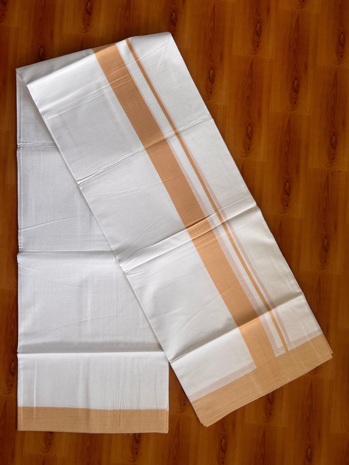 Pure White Double Mundu/Dhoti - 20% Discount ! Kaitharikada Pure Cotton - 100x80 - 1.5 inch Yellow Orange Kara 3.80 mtr (8 muzham) - 11 KK5523 MC
