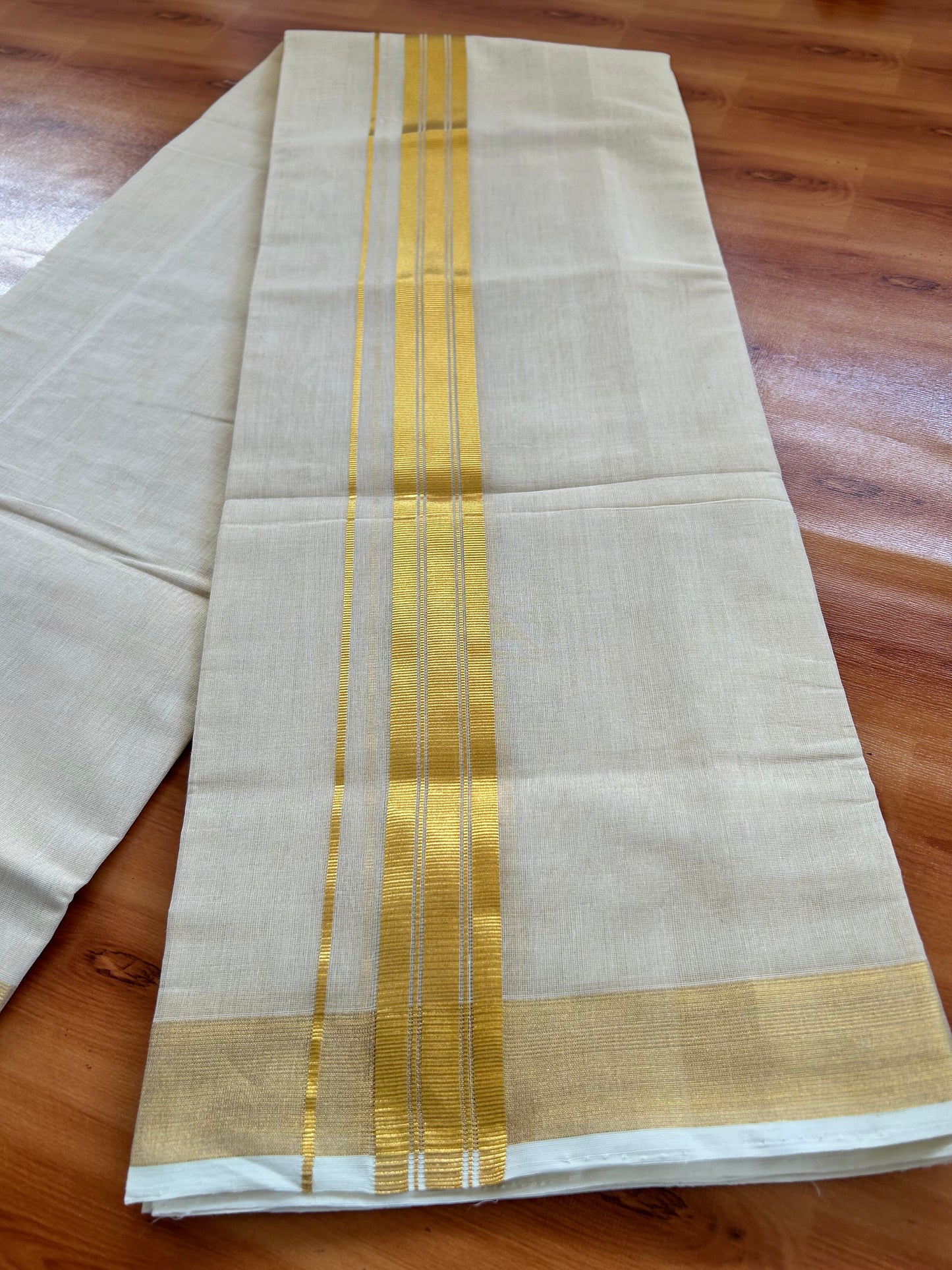 Double Off White - (Unbleached) Mundu/Dhoti -25% Discount! KaithariKada Handloom Millpaav Kerala Handloom - Pure Cotton - (80X78) - 1.5 inch Gold Kasav Striped Kara With Tissue Body 3.75 mtr (8 Muzham) - 11 KK5402 CED
