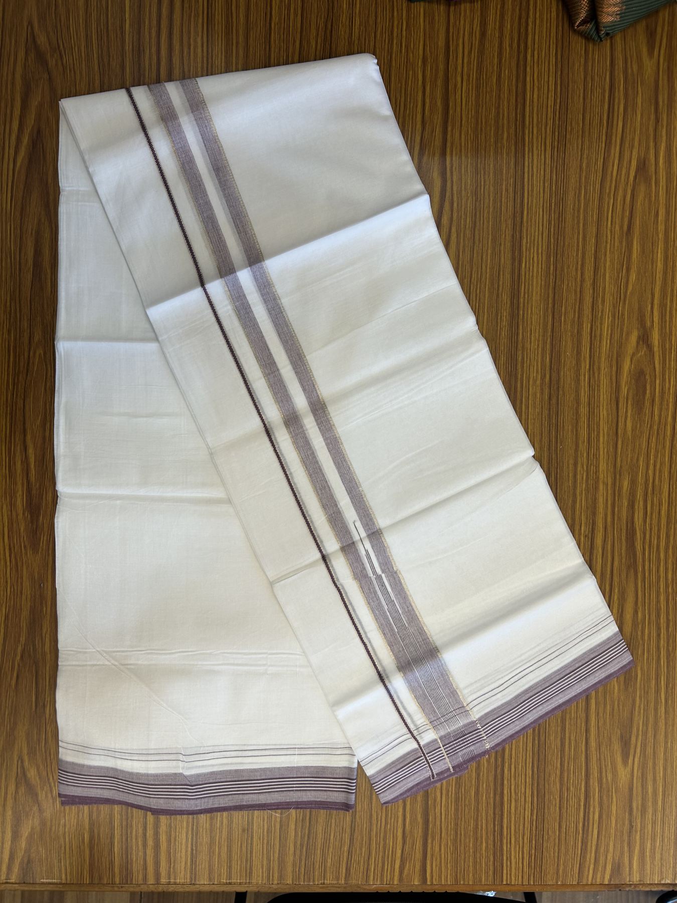 20% Discount! KaithariKada Balaramapuram 100% Cotton Double Pure white Mundu/Dhoti - 100X80 - 1.5 inch Silver Kasav Grape Wine Stripes Chutty kara - 4 mtr ( 8.5 muzham) - 97 KK5341 VIN