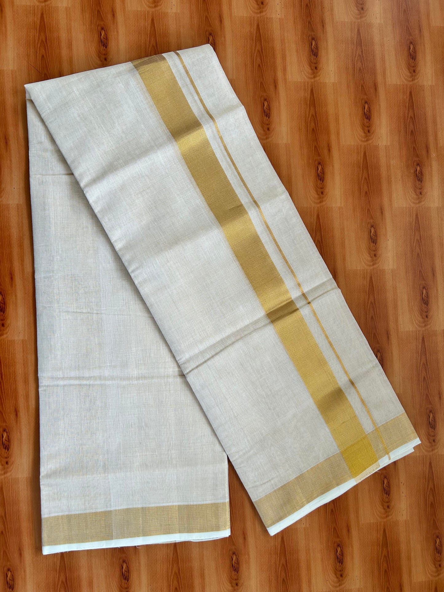 Double Off White - (Unbleached) Mundu/Dhoti -25% Discount! KaithariKada Handloom Millpaav Kerala Handloom - Pure Cotton - (80X78) - 1.5 inch Gold Kasav Kara With Tissue Body 3.75 mtr (8 Muzham) - 6 KK5402 CED