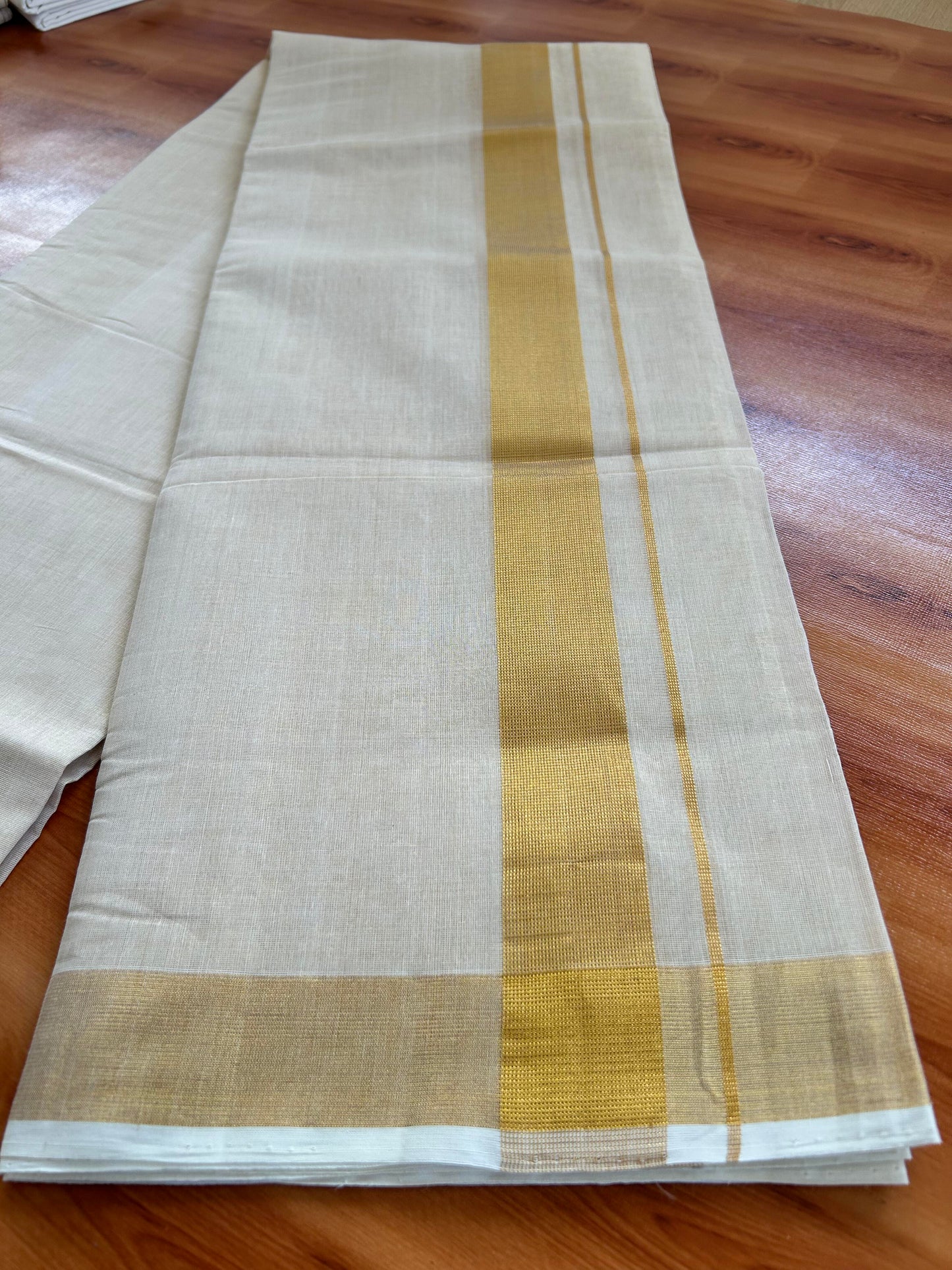 Double Off White - (Unbleached) Mundu/Dhoti -25% Discount! KaithariKada Handloom Millpaav Kerala Handloom - Pure Cotton - (80X78) - 1.5 inch Gold Kasav Kara With Tissue Body 3.75 mtr (8 Muzham) - 6 KK5402 CED