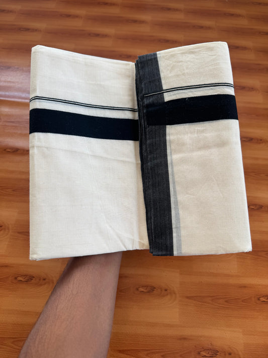 Double Off White (Unbleached) Mundu / Dhoti- 20% Discount! KaithariKada 100%  Cotton - 100X100 - 1.25 Black Kara - 4 mtr (8.5 Muzham) - 1 KK5468 ASH