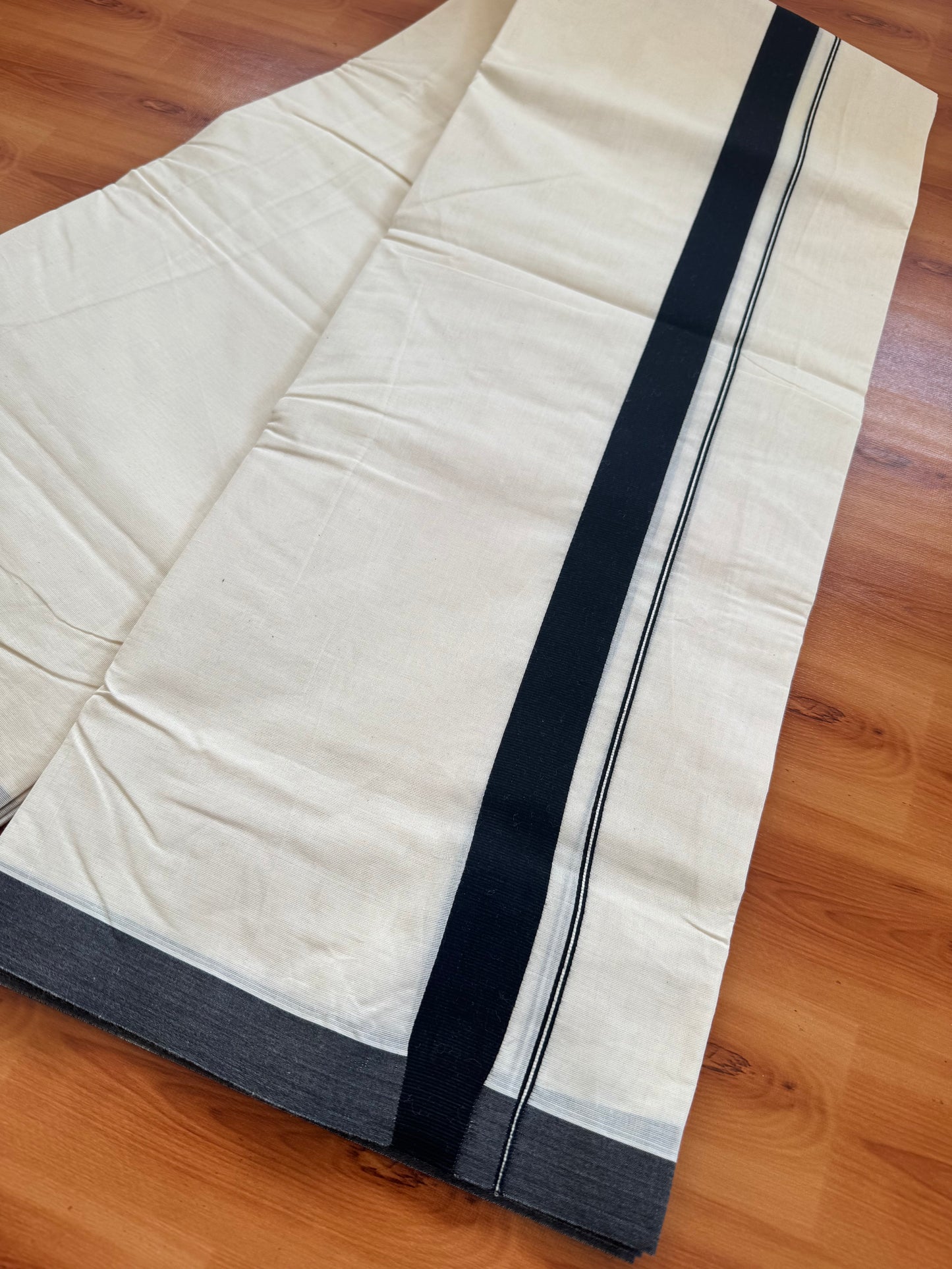 Double Off White (Unbleached) Mundu / Dhoti- 20% Discount! KaithariKada 100%  Cotton - 100X100 - 1.25 Black Kara - 4 mtr (8.5 Muzham) - 1 KK5468 ASH