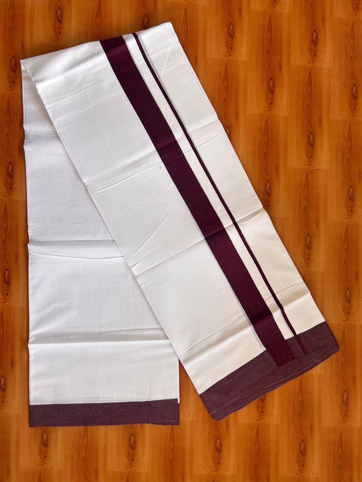 Pure White Double Mundu/Dhoti - 20% Discount ! Kaitharikada Pure Cotton - 100x80 - 1.5 inch Burgandy Kara 3.80 mtr (8 muzham) - 12 KK5523 MC