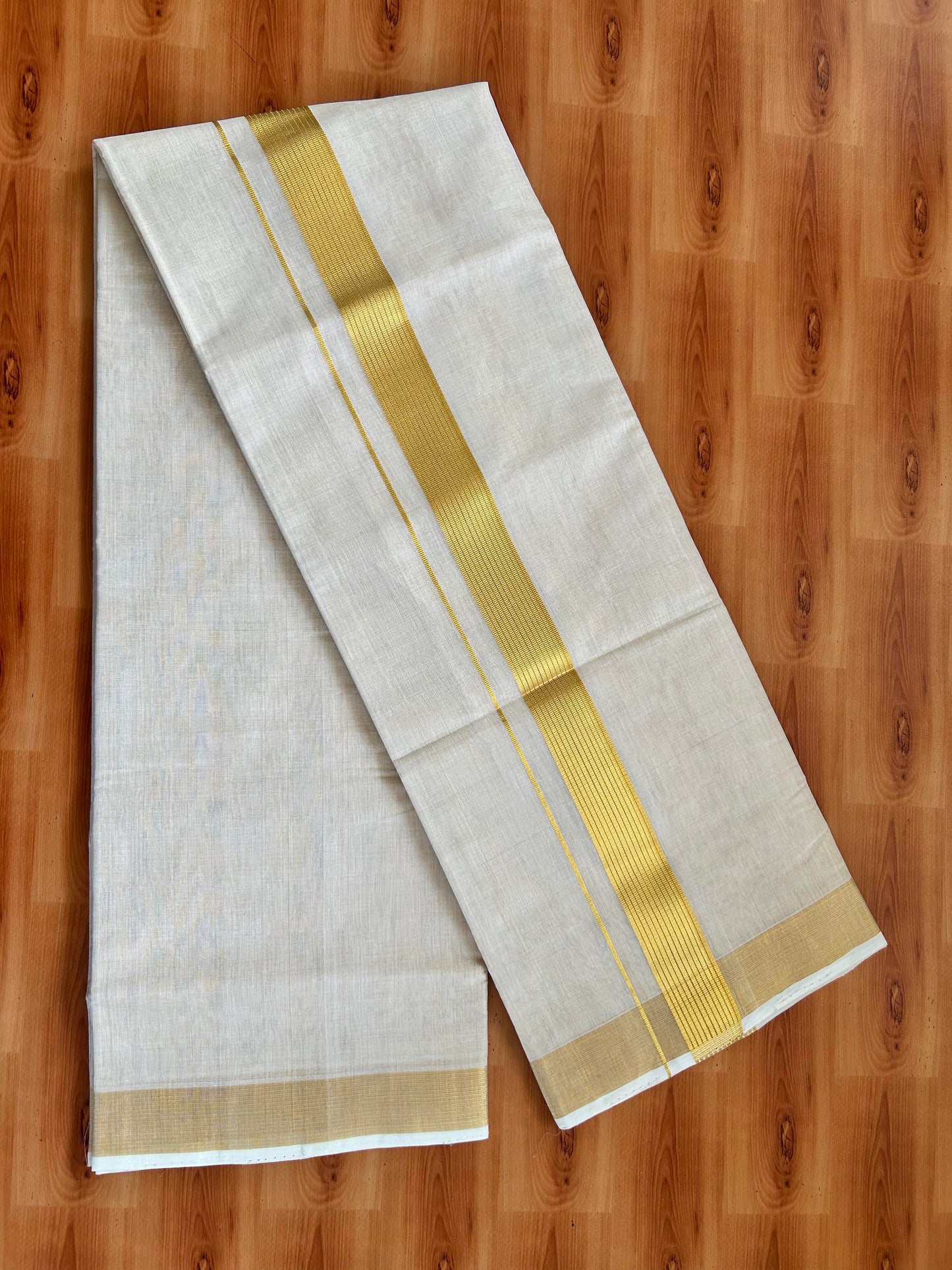 Double Off White - (Unbleached) Mundu/Dhoti -25% Discount! KaithariKada Handloom Millpaav Kerala Handloom - Pure Cotton - (80X78) - 1.5 inch Gold Kasav Striped Kara With Tissue Body 3.75 mtr (8 Muzham) - 8 KK5402 CED