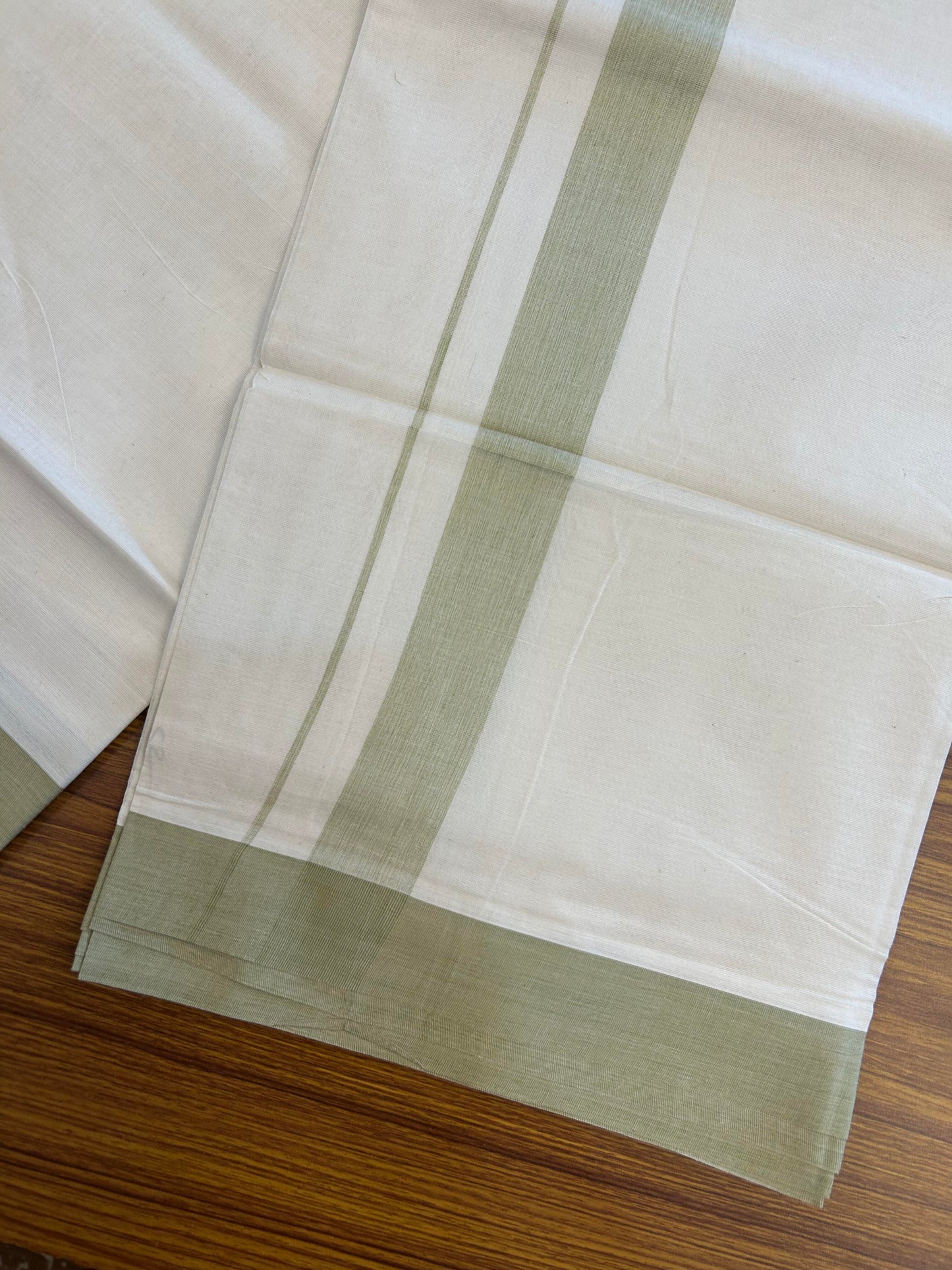 20% Discount ! KaithariKada Balaramapuram 100% Cotton Double Off White (Unbleached) - Mundu / Dhoti- 100x80 -  1.5 inch Light Pista Green Shaded Kara 4 mtr (8.5 Muzham) - 4 KK5363 VIN