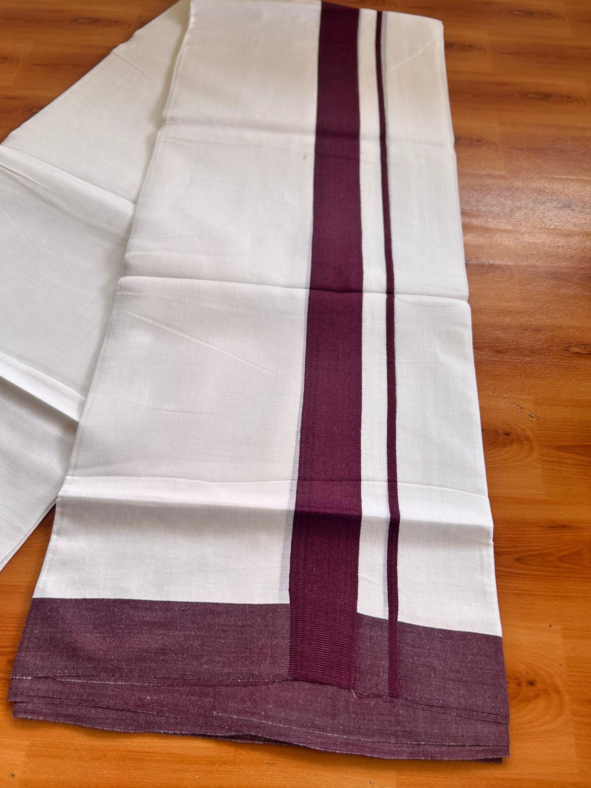 Pure White Double Mundu/Dhoti - 20% Discount ! Kaitharikada Pure Cotton - 100x80 - 1.5 inch Burgandy Kara 3.80 mtr (8 muzham) - 12 KK5523 MC