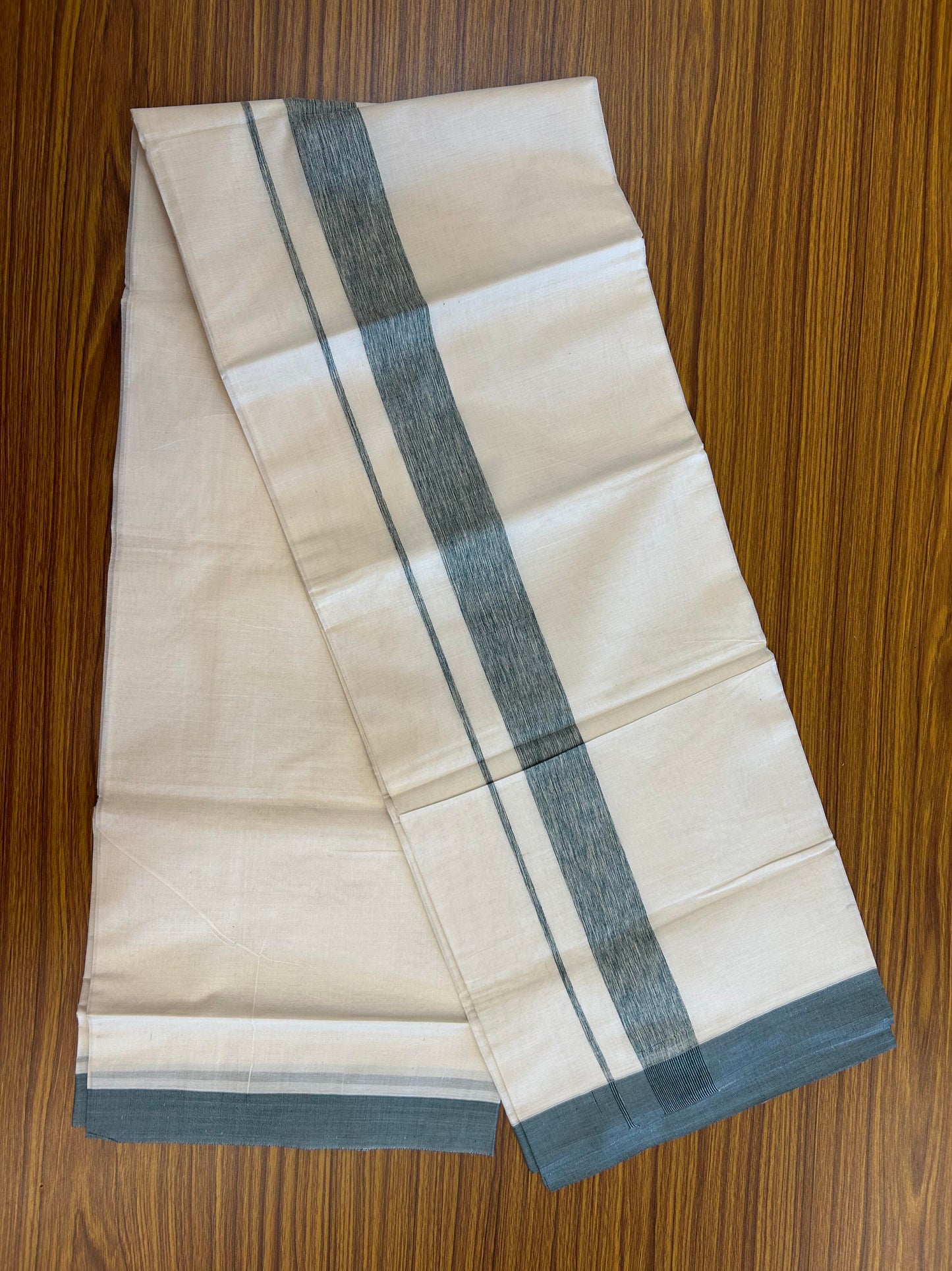 20% Discount ! KaithariKada Balaramapuram 100% Cotton Double Off White (Unbleached) - Mundu / Dhoti- 100x80 -  1.5 inch Dark Green Shaded Kara 4 mtr (8.5 Muzham) - 5 KK5363 VIN