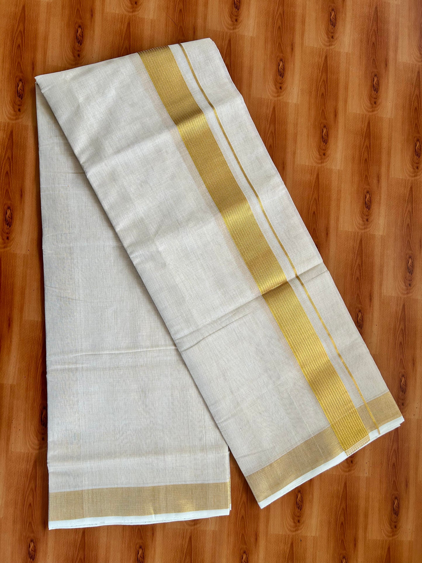 Double Off White - (Unbleached) Mundu/Dhoti -25% Discount! KaithariKada Handloom Millpaav Kerala Handloom - Pure Cotton - (80X78) - 1.5 inch Gold Kasav Striped Kara With Tissue Body 3.75 mtr (8 Muzham) - 5 KK5402 CED