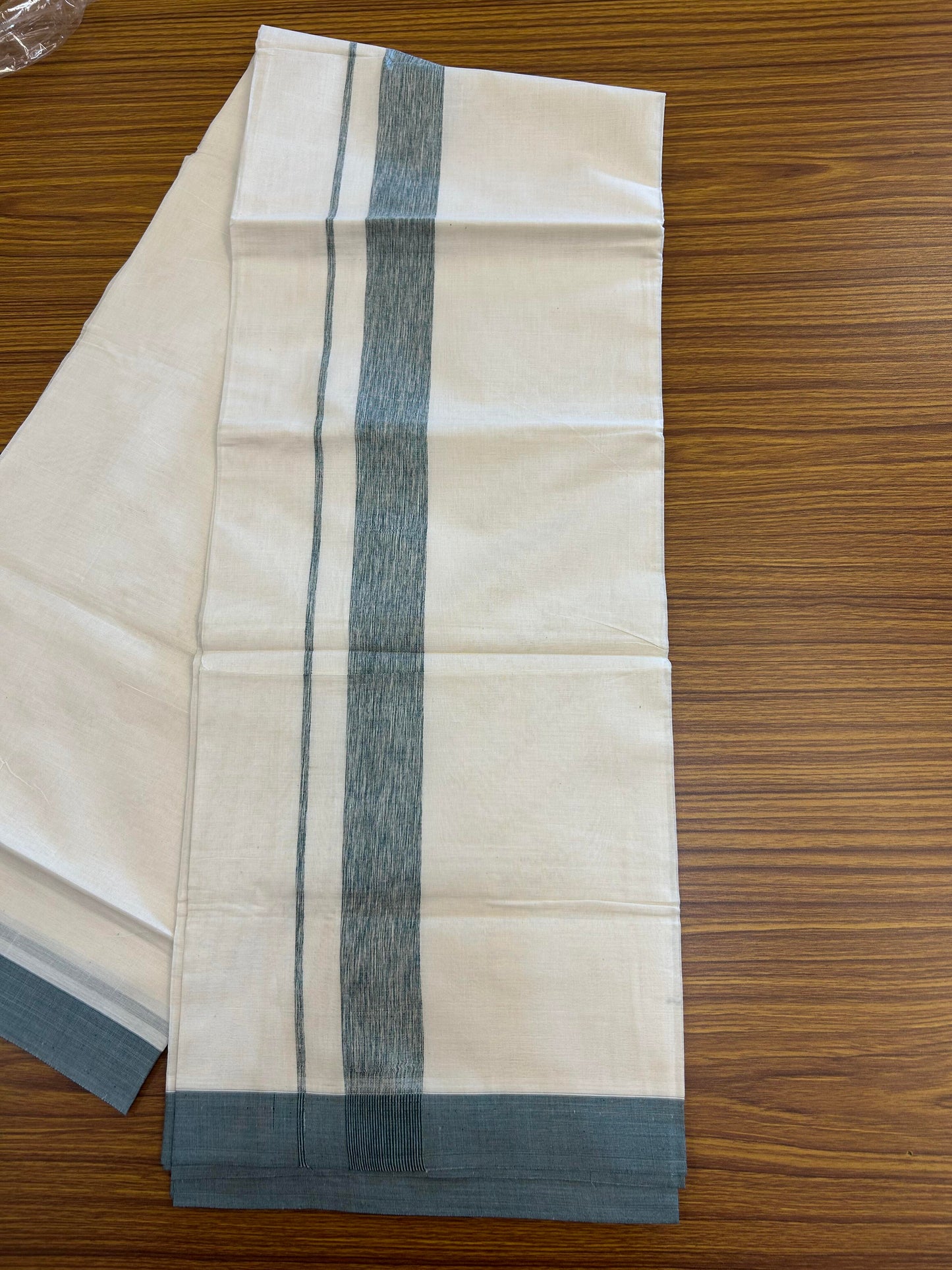 20% Discount ! KaithariKada Balaramapuram 100% Cotton Double Off White (Unbleached) - Mundu / Dhoti- 100x80 -  1.5 inch Dark Green Shaded Kara 4 mtr (8.5 Muzham) - 5 KK5363 VIN