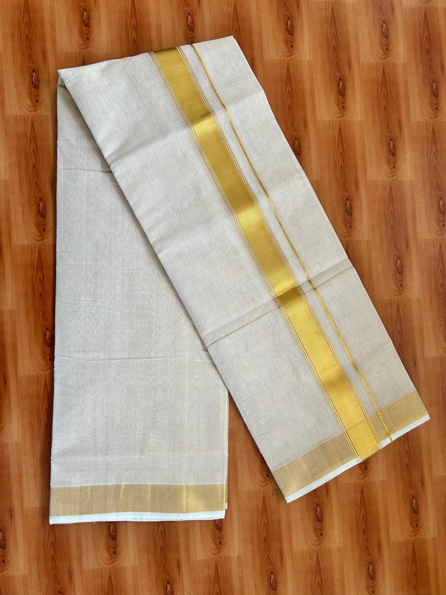 Double Off White - (Unbleached) Mundu/Dhoti -25% Discount! KaithariKada Handloom Millpaav Kerala Handloom - Pure Cotton - (80X78) - 1.5 inch Gold Kasav Kara With Tissue Body 3.75 mtr (8 Muzham) - 10 KK5402 CED