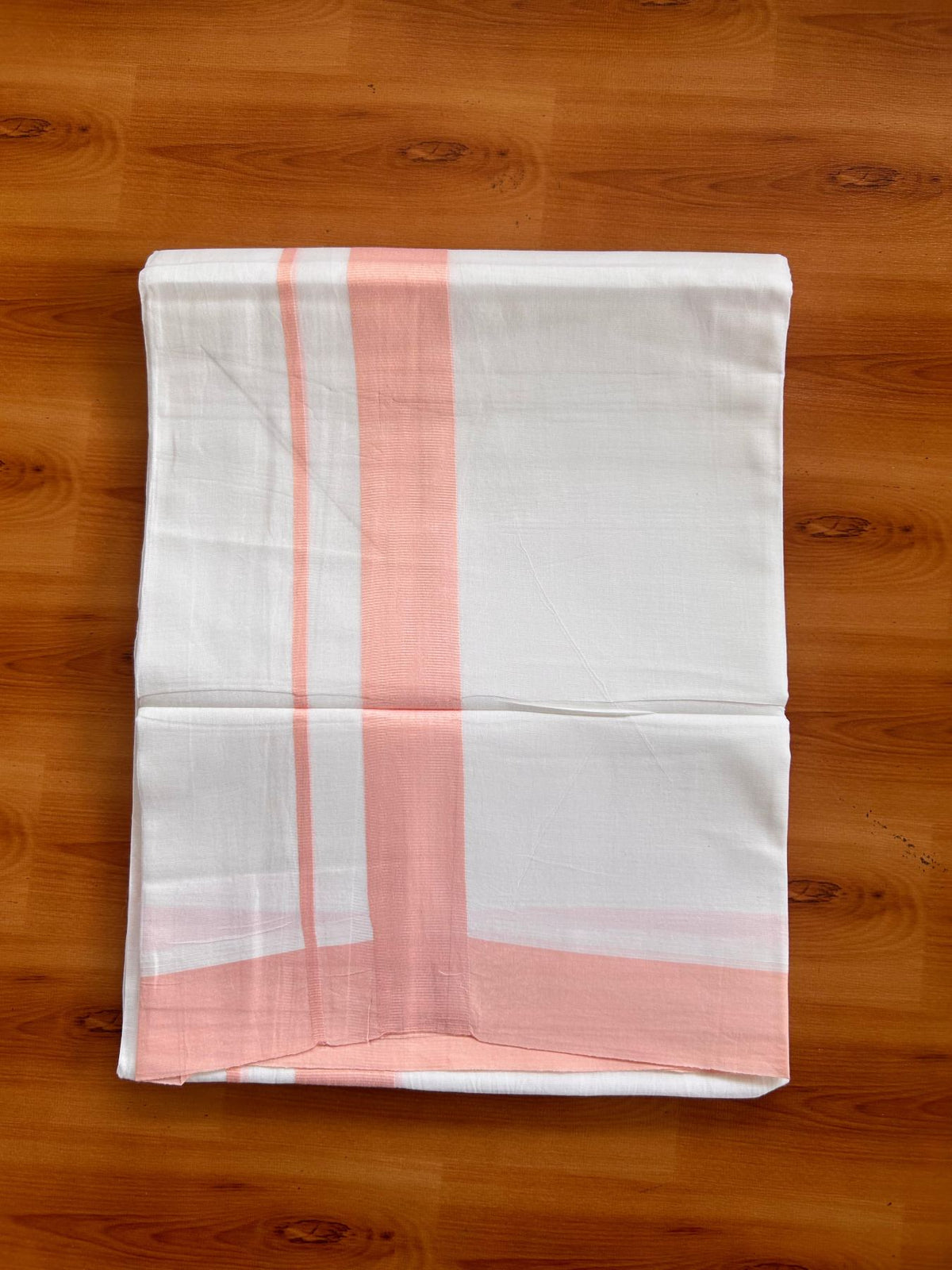 Pure White Double Mundu/Dhoti - 20% Discount ! Kaitharikada Pure Cotton - 100x80 - 1.5 inch Pink Peach Kara 3.80 mtr (8 muzham) - 14 KK5523 MC