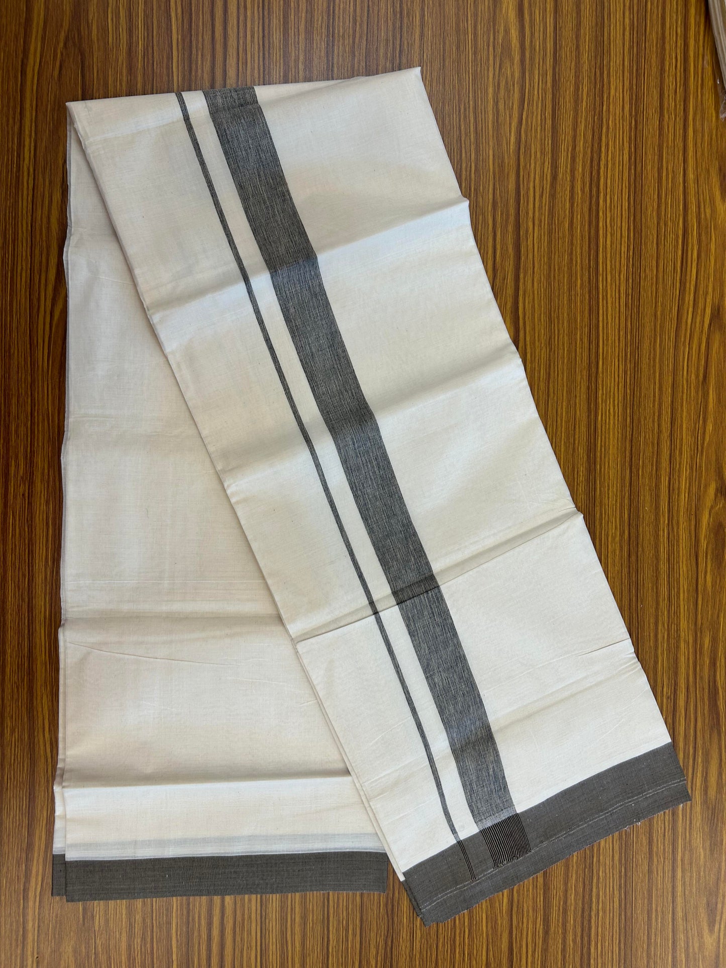 20% Discount ! KaithariKada Balaramapuram 100% Cotton Double Off White (Unbleached) - Mundu / Dhoti- 100x80 -  1.5 inch Brown & Black Shaded Kara 4 mtr (8.5 Muzham) - 6 KK5363 VIN