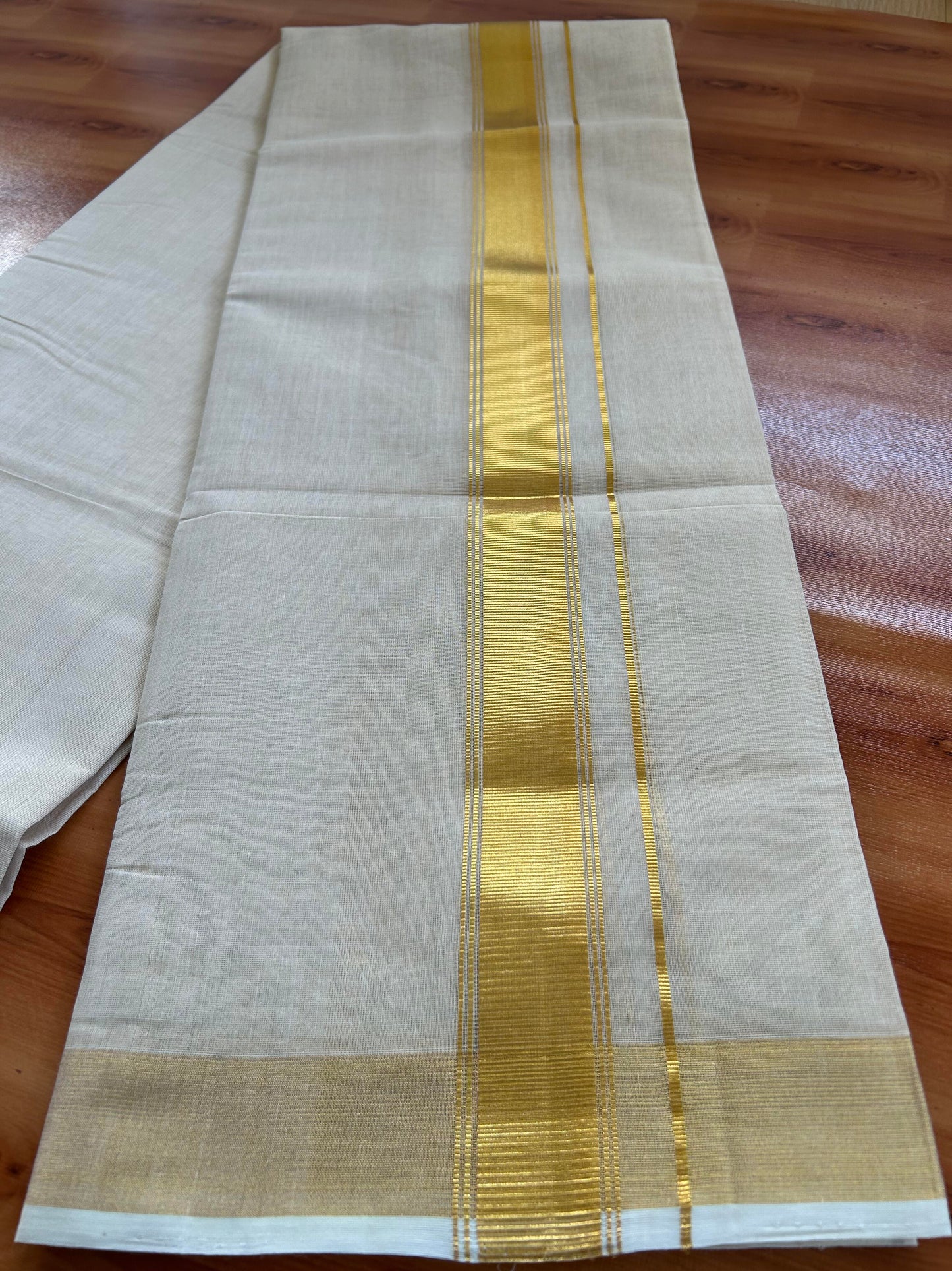 Double Off White - (Unbleached) Mundu/Dhoti -25% Discount! KaithariKada Handloom Millpaav Kerala Handloom - Pure Cotton - (80X78) - 1.5 inch Gold Kasav Kara With Tissue Body 3.75 mtr (8 Muzham) - 10 KK5402 CED