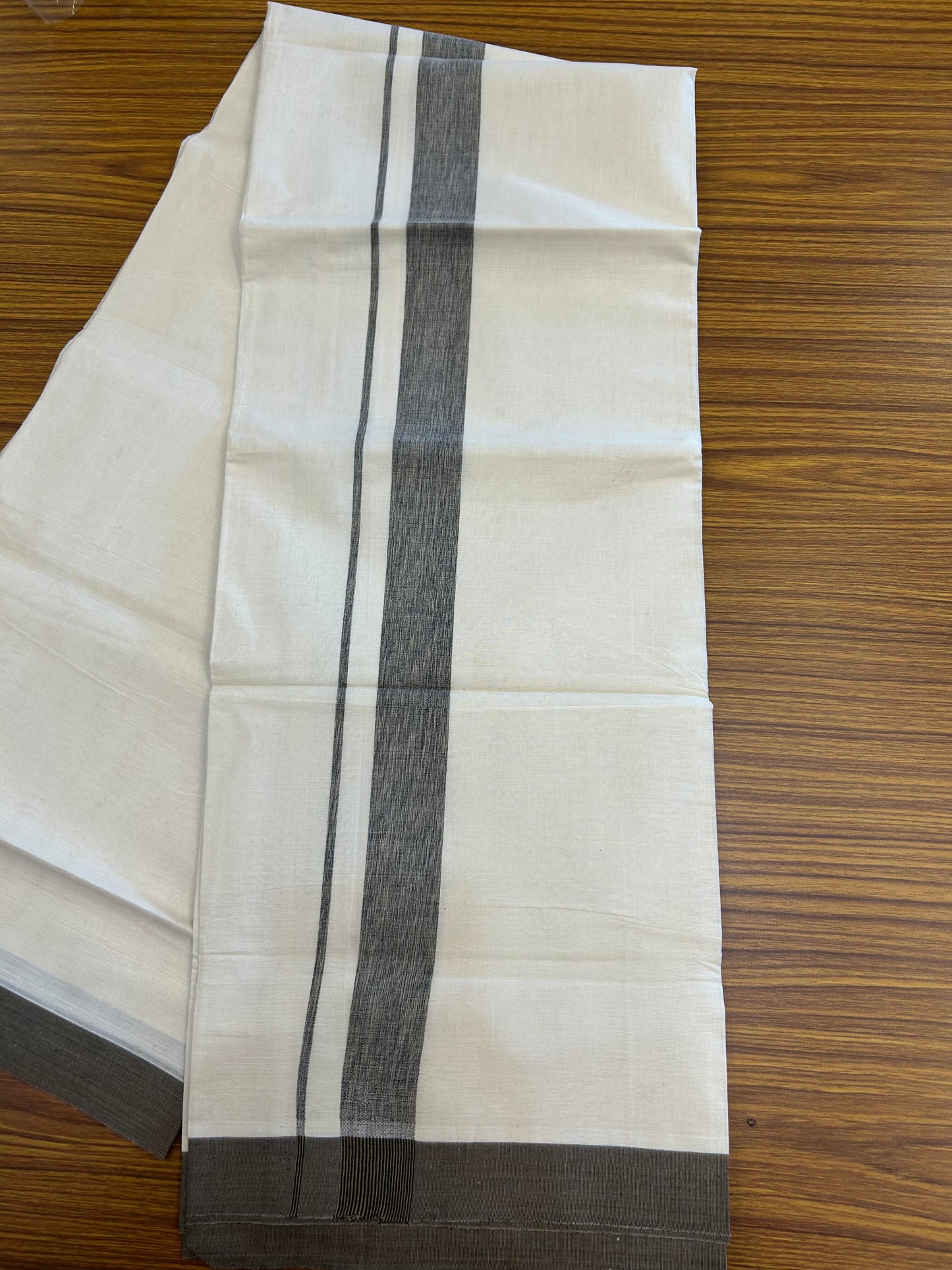 20% Discount ! KaithariKada Balaramapuram 100% Cotton Double Off White (Unbleached) - Mundu / Dhoti- 100x80 -  1.5 inch Brown & Black Shaded Kara 4 mtr (8.5 Muzham) - 6 KK5363 VIN