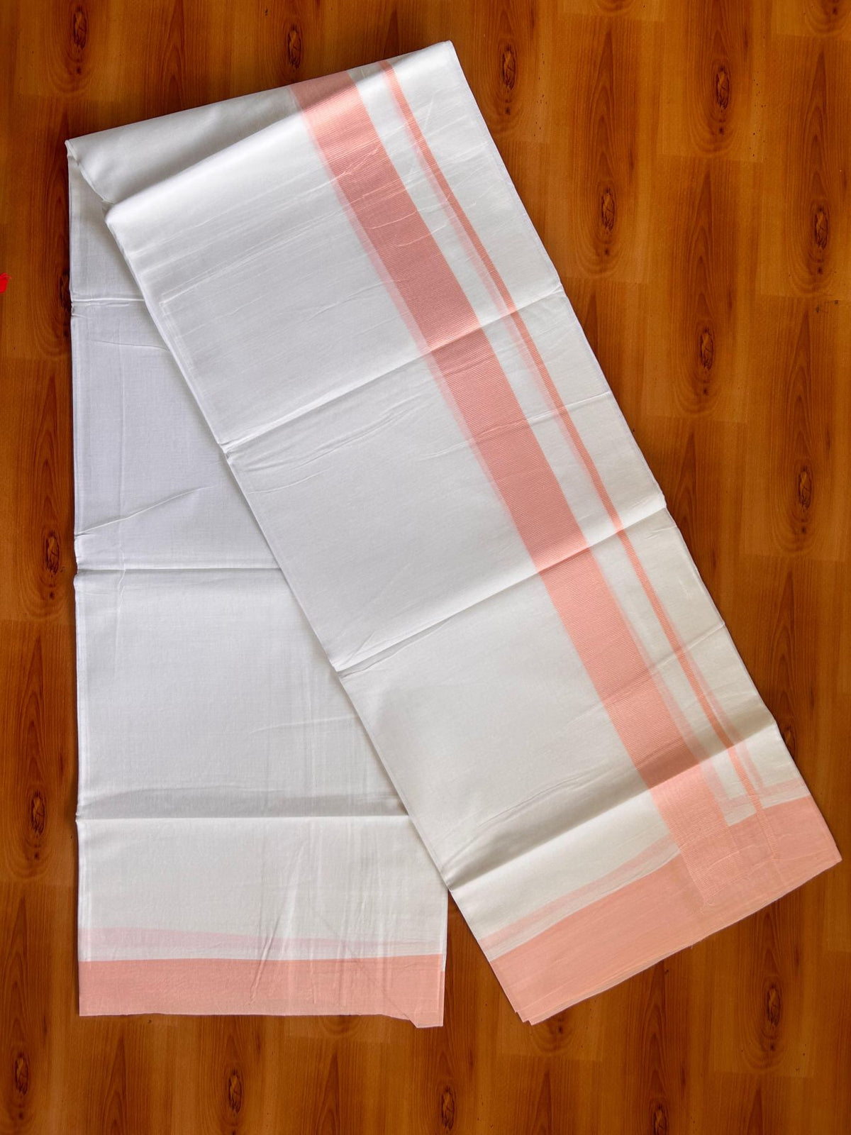 Pure White Double Mundu/Dhoti - 20% Discount ! Kaitharikada Pure Cotton - 100x80 - 1.5 inch Pink Peach Kara 3.80 mtr (8 muzham) - 14 KK5523 MC