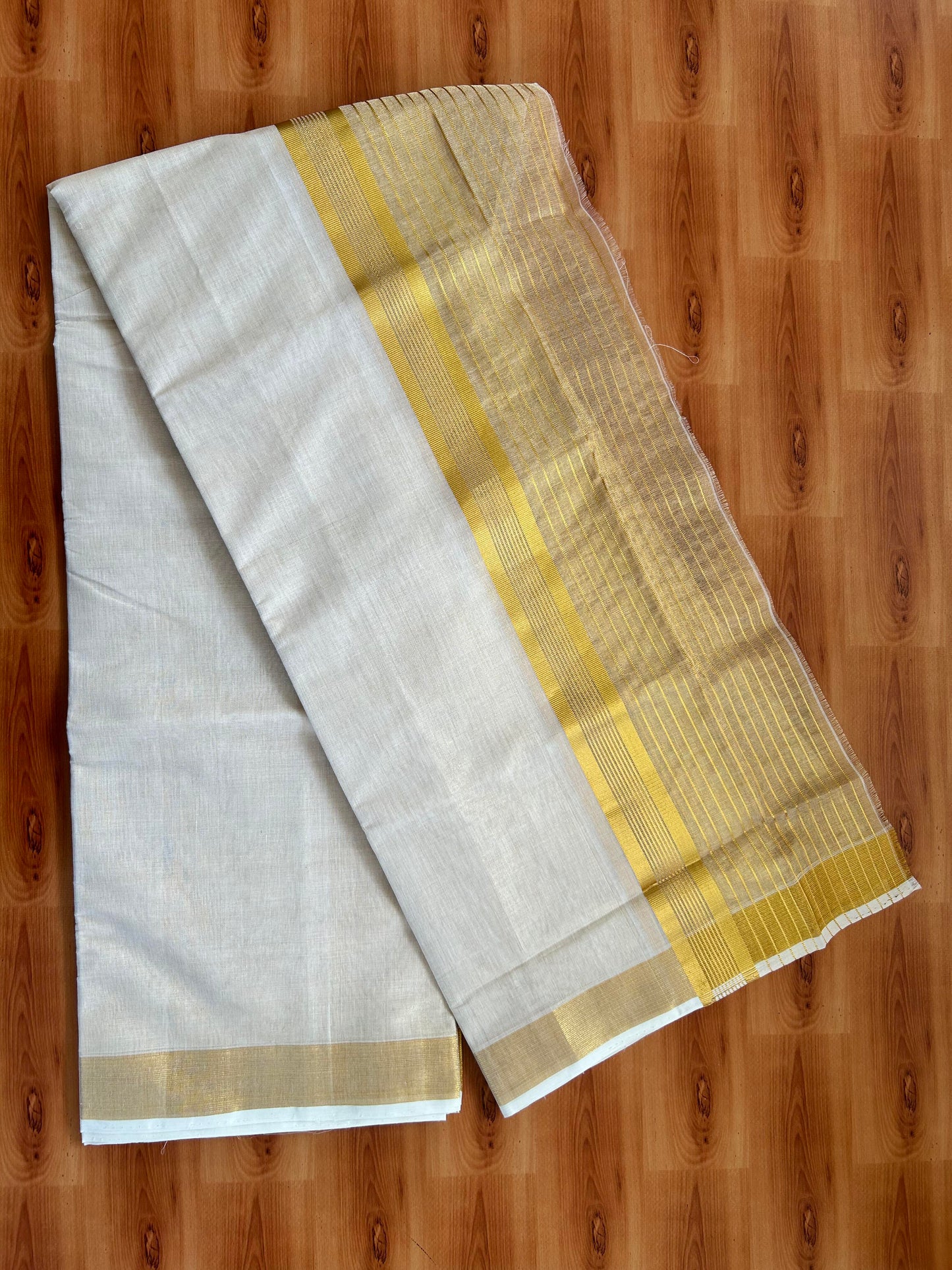 Double Off White - (Unbleached) Mundu/Dhoti -25% Discount! KaithariKada Handloom Millpaav Kerala Handloom - Pure Cotton - (80X78) - 6.5 inch Gold Kasav Tissue Striped Kara With Tissue Body 3.75 mtr (8 Muzham) - 2 KK5402 CED