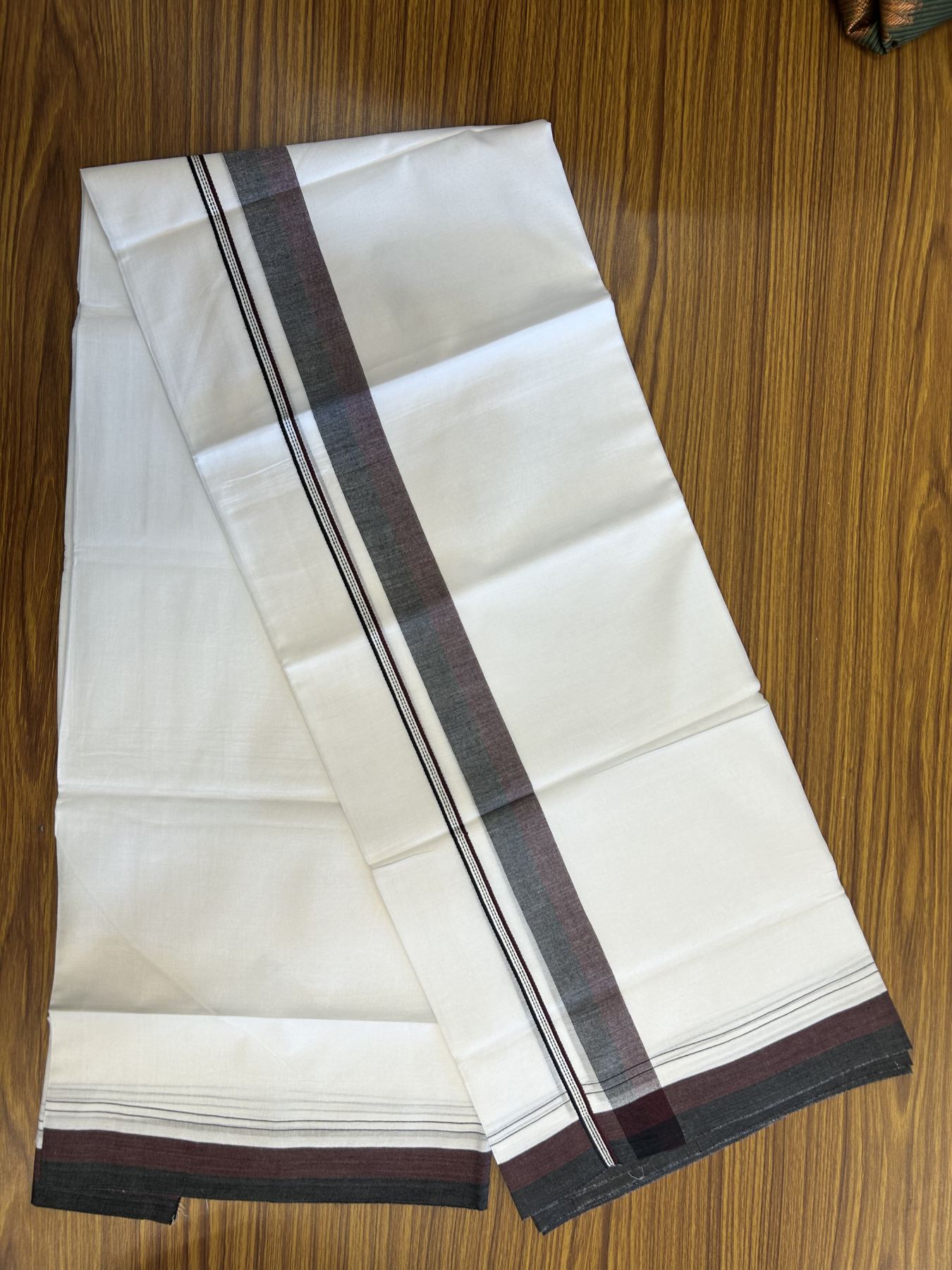 20% Discount! KaithariKada Balaramapuram 100% Cotton Double Pure white Mundu/Dhoti - 100X80 - 1.5 inch Black & Deep Maroon shaded kara - 4 mtr ( 8.5 muzham) - 110 KK5341 VIN