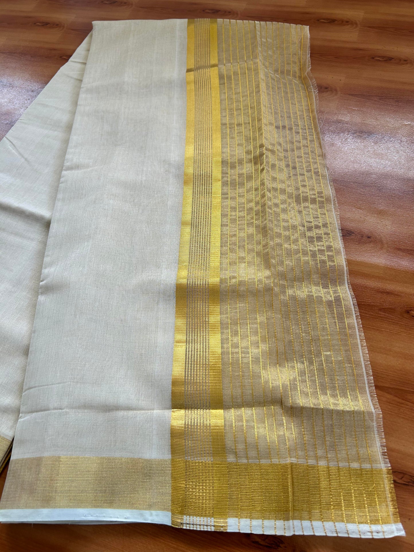 Double Off White - (Unbleached) Mundu/Dhoti -25% Discount! KaithariKada Handloom Millpaav Kerala Handloom - Pure Cotton - (80X78) - 6.5 inch Gold Kasav Tissue Striped Kara With Tissue Body 3.75 mtr (8 Muzham) - 2 KK5402 CED