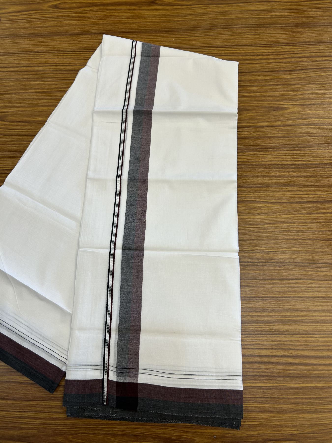 20% Discount! KaithariKada Balaramapuram 100% Cotton Double Pure white Mundu/Dhoti - 100X80 - 1.5 inch Black & Deep Maroon shaded kara - 4 mtr ( 8.5 muzham) - 110 KK5341 VIN