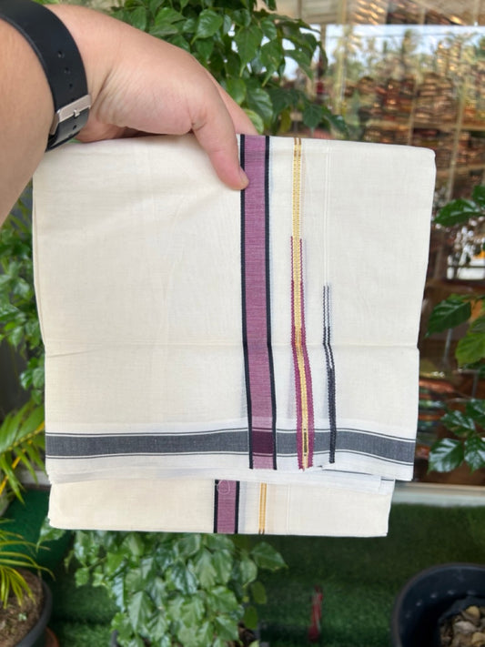 20% DISCOUNT !! KaithariKada Balaramapuram 100% Pure Cotton Double Off white - (Unbleached) Mundu/Dhoti-100x80 - 0.75 inch Puliyilakkara Gold Kasavu Black & Light Wine Shaded Double Chutty Kara - 23KK5186CKS