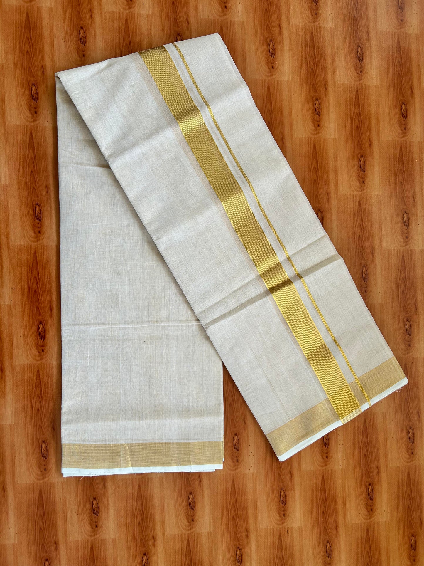 Double Off White - (Unbleached) Mundu/Dhoti -25% Discount! KaithariKada Handloom Millpaav Kerala Handloom - Pure Cotton - (80X78) - 1.5 inch Gold Kasav Kara With Tissue Body 3.75 mtr (8 Muzham) - 7 KK5402 CED