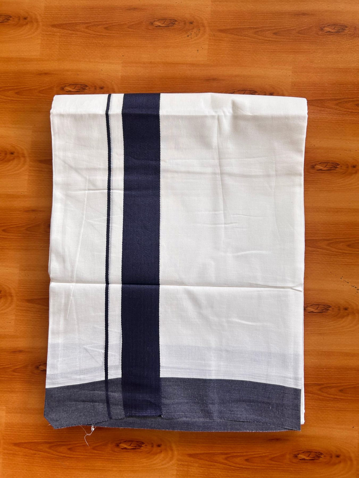 Pure White Double Mundu/Dhoti - 20% Discount ! Kaitharikada Pure Cotton - 100x80 - 1.5 inch Navy Blue Kara 3.80 mtr (8 muzham) - 15 KK5523 MC