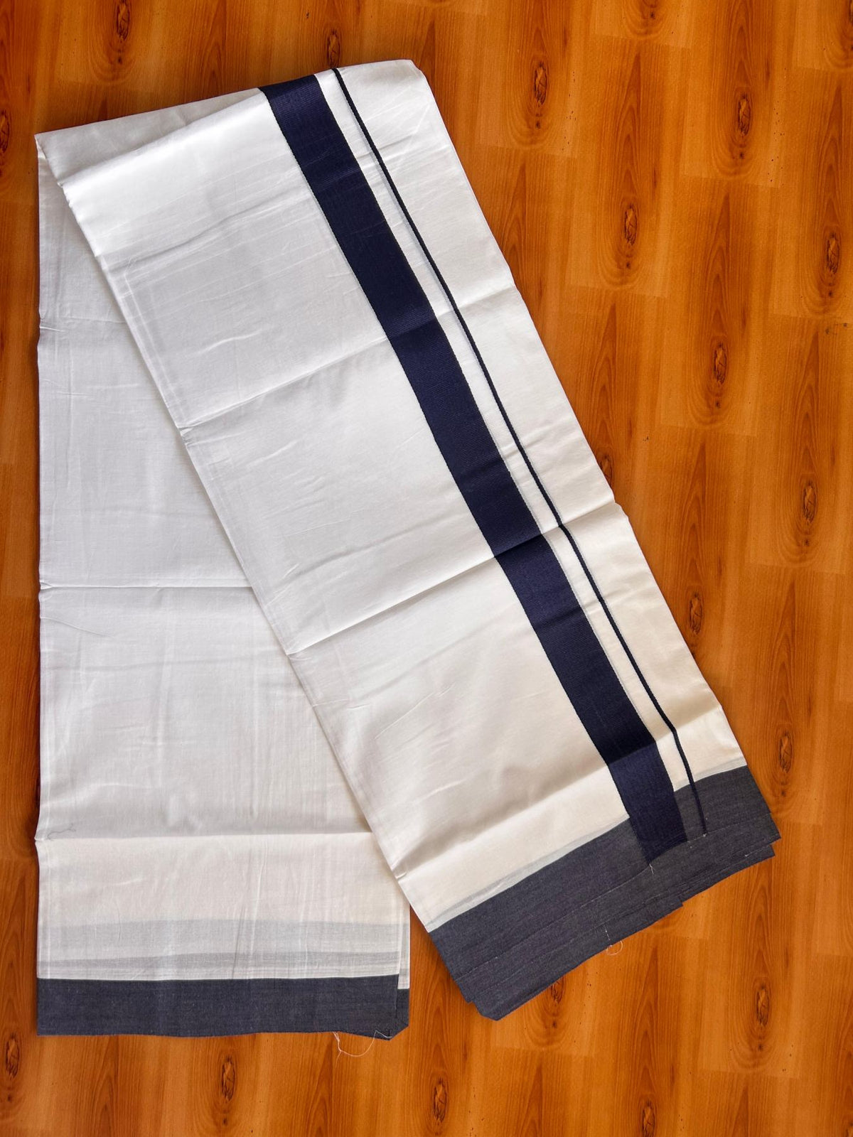 Pure White Double Mundu/Dhoti - 20% Discount ! Kaitharikada Pure Cotton - 100x80 - 1.5 inch Navy Blue Kara 3.80 mtr (8 muzham) - 15 KK5523 MC